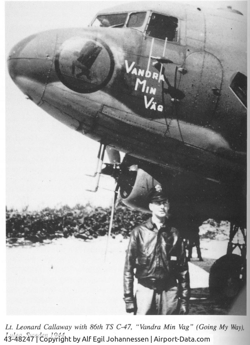 43-48247, 1943 Douglas C-47A Skytrain, c/n 14063/25508, Nose art of 43-48247. This C-47 belonged to 86th Transport Squadron, 27th Air Transport Group during WWII. Later in Royal Norwegian Air Force from 1950 until 1974 as T-AS: BW-E; BE-N.