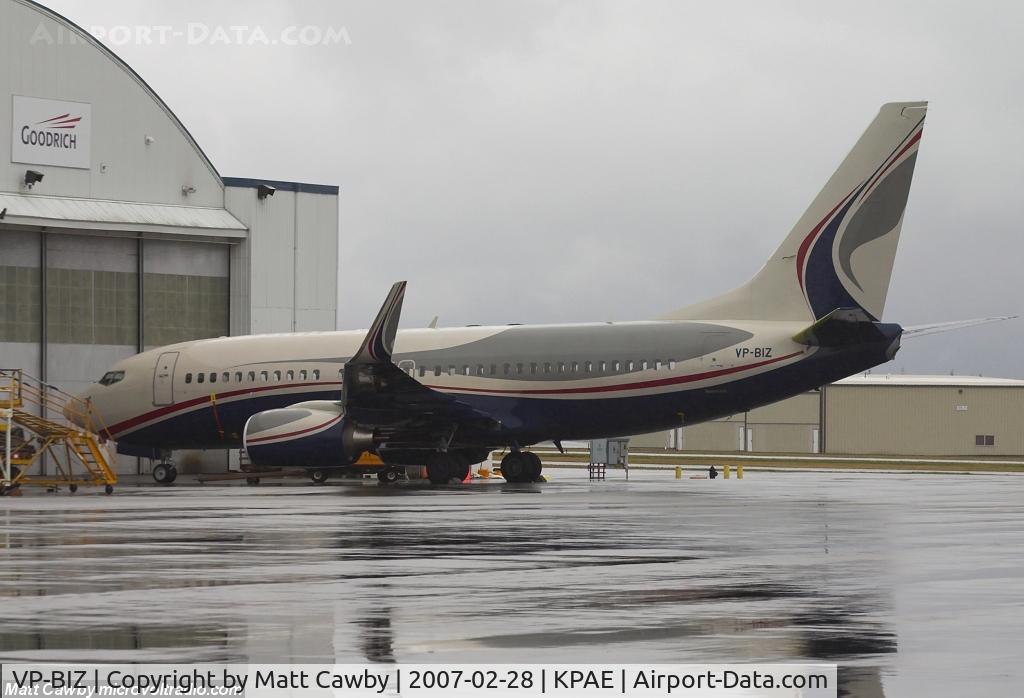 VP-BIZ, 2005 Boeing 737-7AU BBJ C/N 34477, Goodrich Aerospace is doing some work on this airplane, arrived at KPAE January 27, 2007 with registration N746BA.