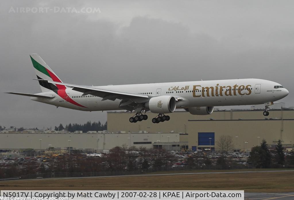 N5017V, 2007 Boeing 777-31H/ER C/N 32729, A6-EBX has a Boeing experimental registration on the first flight.