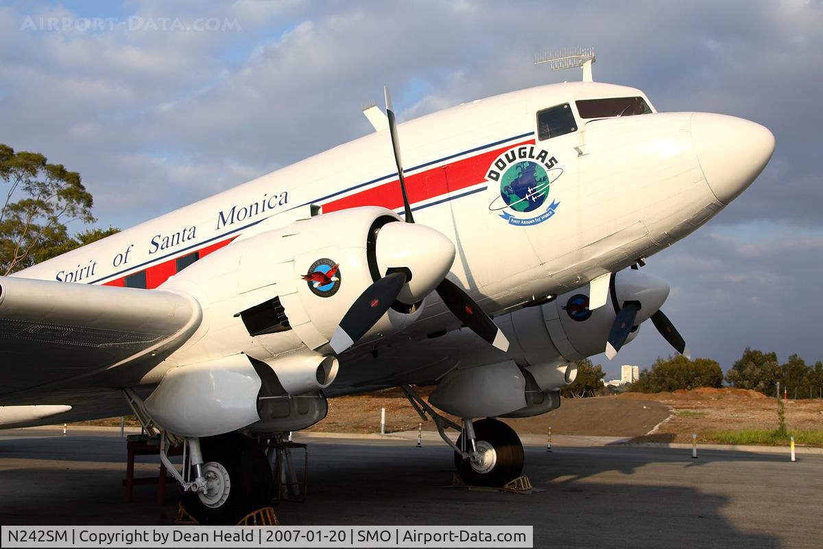 N242SM, 1942 Douglas DC-3 C/N 4877, Tucked away in an often unseen corner of Santa Monica is this beautifully restored DC-3 (formerly a C-53).  It has been restored for static display purposes only and is not flightworthy.  There are plans to prominently display this aircraft at the airport