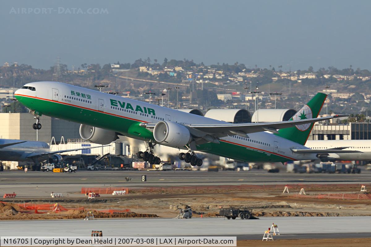 N16705, Bell 206L LongRanger C/N 45094, First time I've seen this plane, or any EVA Air 777 at LAX departing during the day! EVA Air B-16705 (FLT EVA11) departing RWY 25R enroute to Chiang Kai Shek Int'l (RCTP). Nice condensation at the engine faces!