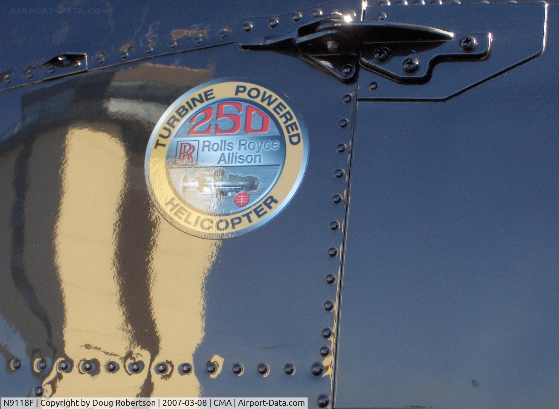 N9118F, 1972 Hughes 369HS C/N 720397S, 1972 Hughes  369HS, Allison 250 Ser. Turboshaft 400 shp Turboshaft, Rolls Royce Allison engine logo (CMA's tower reflection on glossy paint)