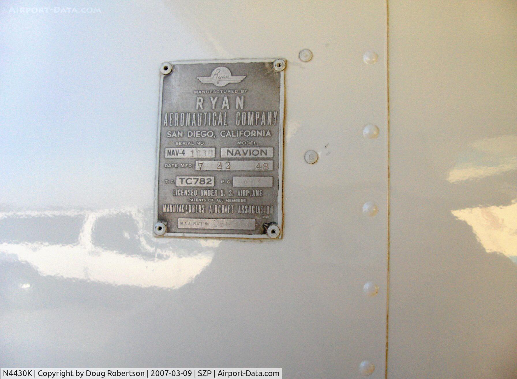 N4430K, 1948 Ryan Navion C/N NAV-4-1430, 1948 Ryan NAVION A, Continental O-470 upgrade, Tri-blade prop, Mfg. 7-22-1948
