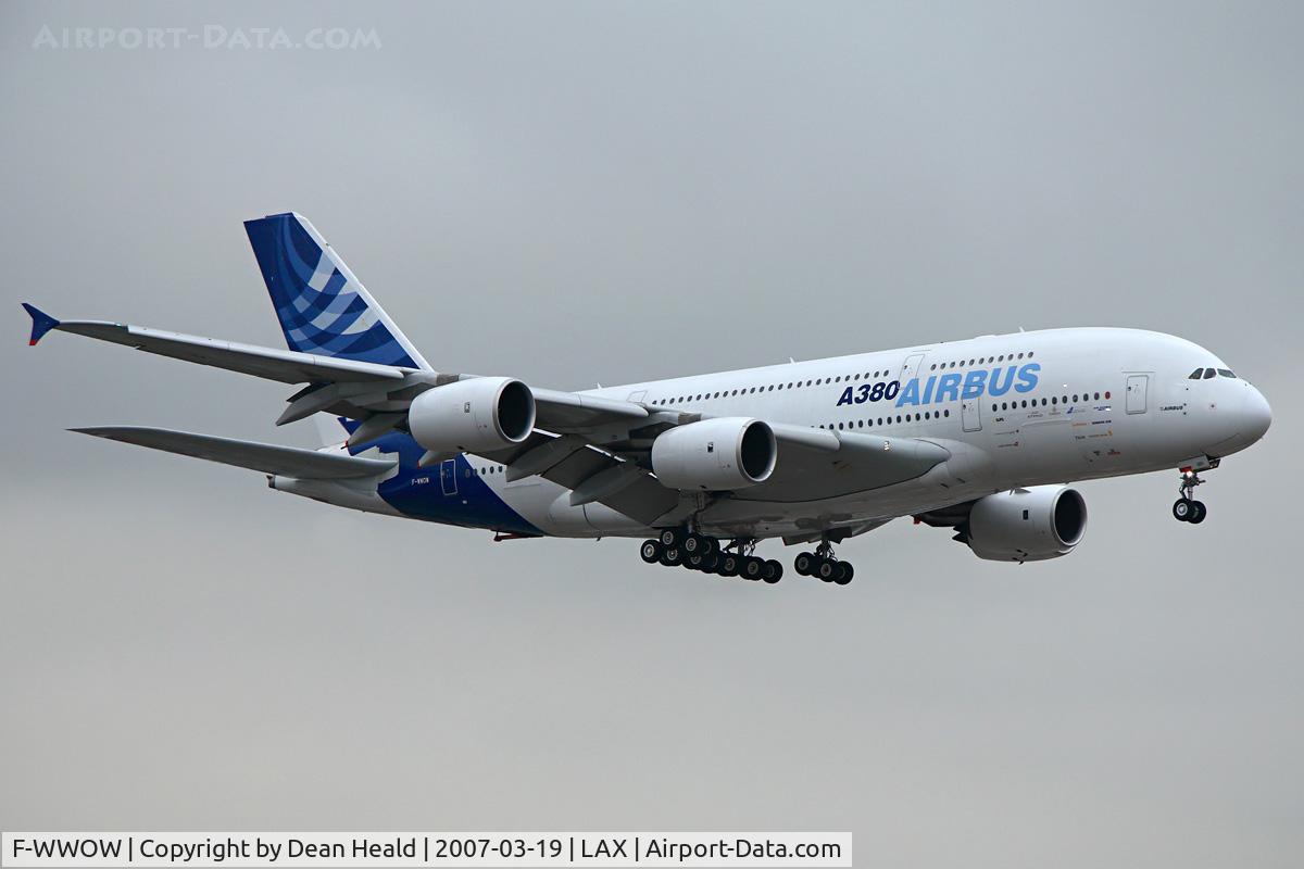 F-WWOW, 2005 Airbus A380-841 C/N 001, Airbus Industries A380-841 F-WWOW (c/n 1) on short-final to RWY 24R for it's innaugural visit to U.S. soil. Although the weather wasn't the best, it was still an historic event to witness.