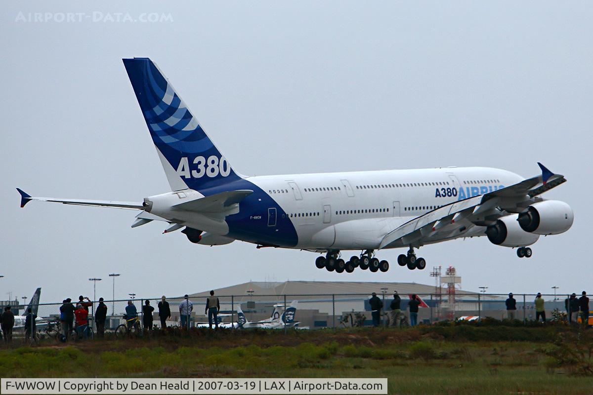 F-WWOW, 2005 Airbus A380-841 C/N 001, Airbus Industries A380-841 F-WWOW (c/n 1) seconds from touchdown on RWY 24R with a crowd of people looking on.