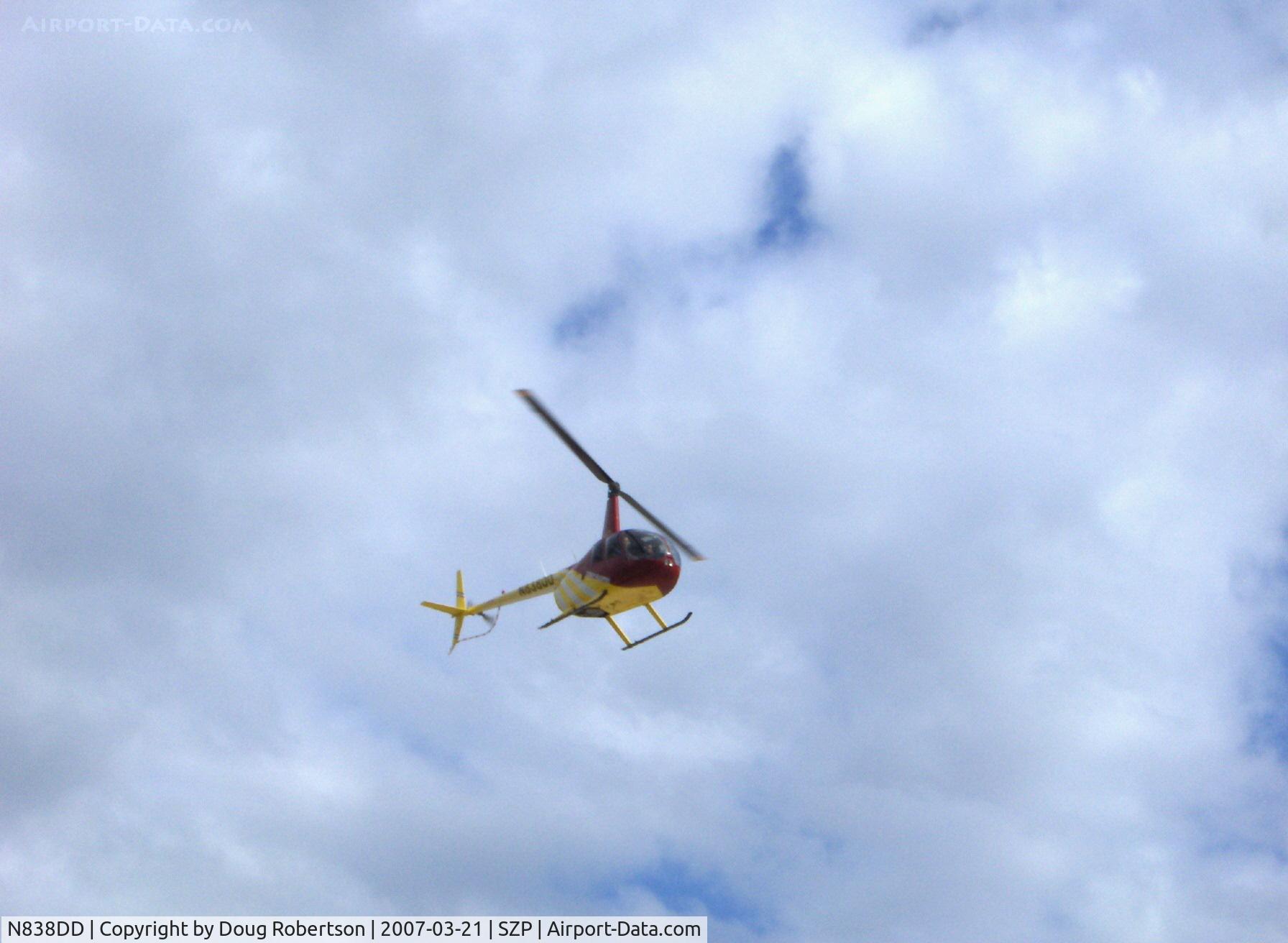 N838DD, 2000 Robinson R44 Raven C/N 0838, 2000 Robinson R44 RAVEN, Lycoming O-540 260 Hp derated to 225 Hp at takeoff, 205 Hp continuous, approach to landing SZP Helipad