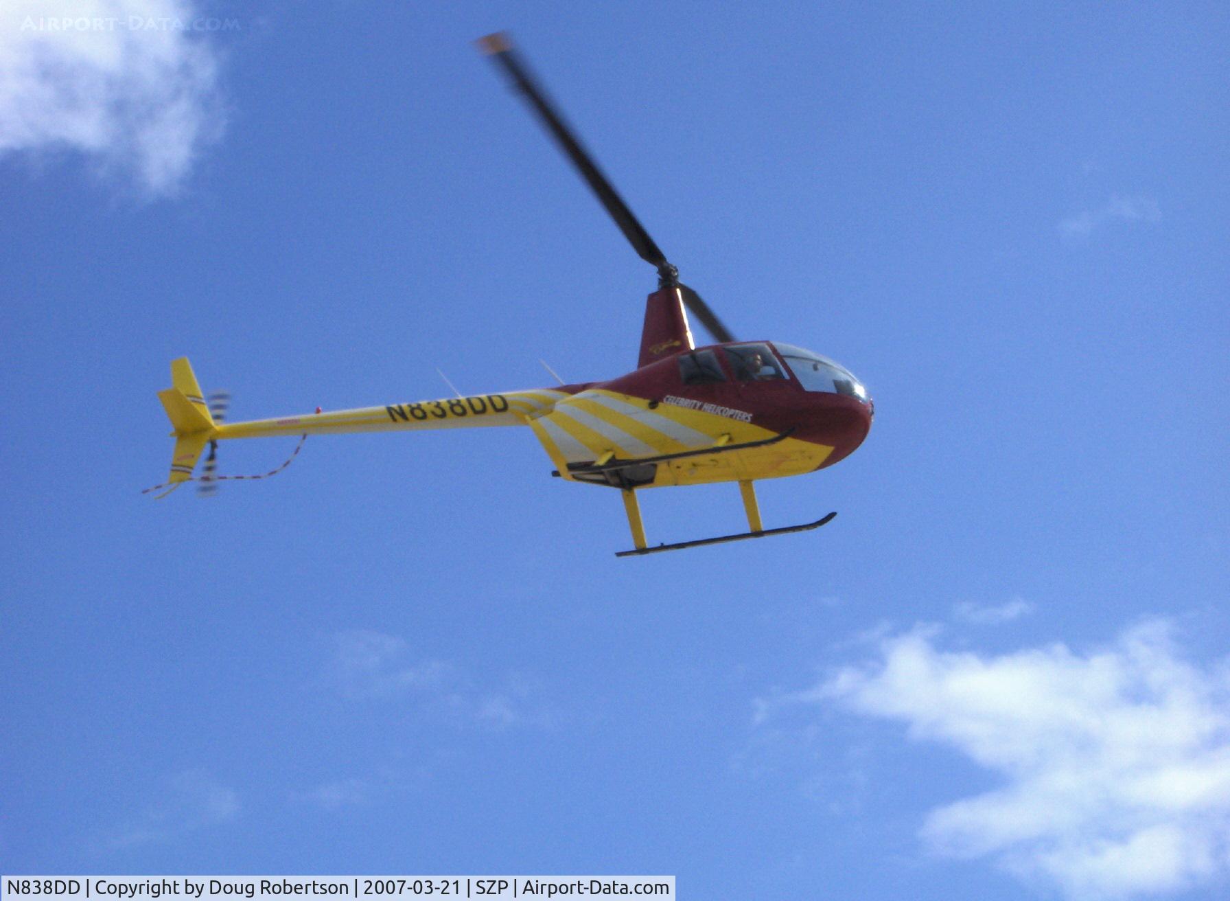 N838DD, 2000 Robinson R44 Raven C/N 0838, 2000 Robinson R44 RAVEN, Lycoming O-540 260 Hp derated to 225 Hp at takeoff, 205 Hp continuous, approach to landing SZP Helipad
