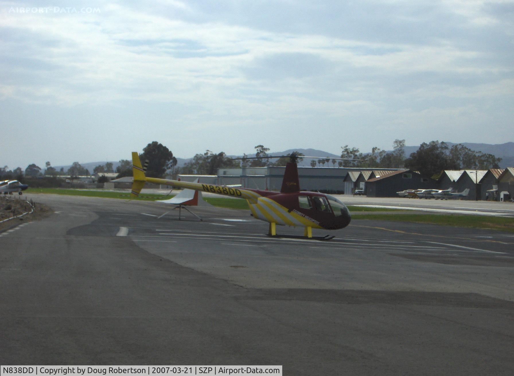 N838DD, 2000 Robinson R44 Raven C/N 0838, 2000 Robinson R44 RAVEN, Lycoming O-540 260 Hp derated to 225 Hp at takeoff, 205 Hp continuous, shutdown on SZP Helipad