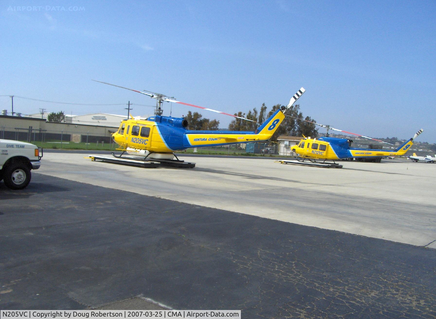 N205VC, 1969 Bell 205A-1 C/N 30066, 1969 Bell 205A-1, one 1,400 shp AVCO Lycoming T5313A turboshaft derated to 1,250 shp for takeoff, Ventura County Sheriff's Department #8, with N212VC in right background