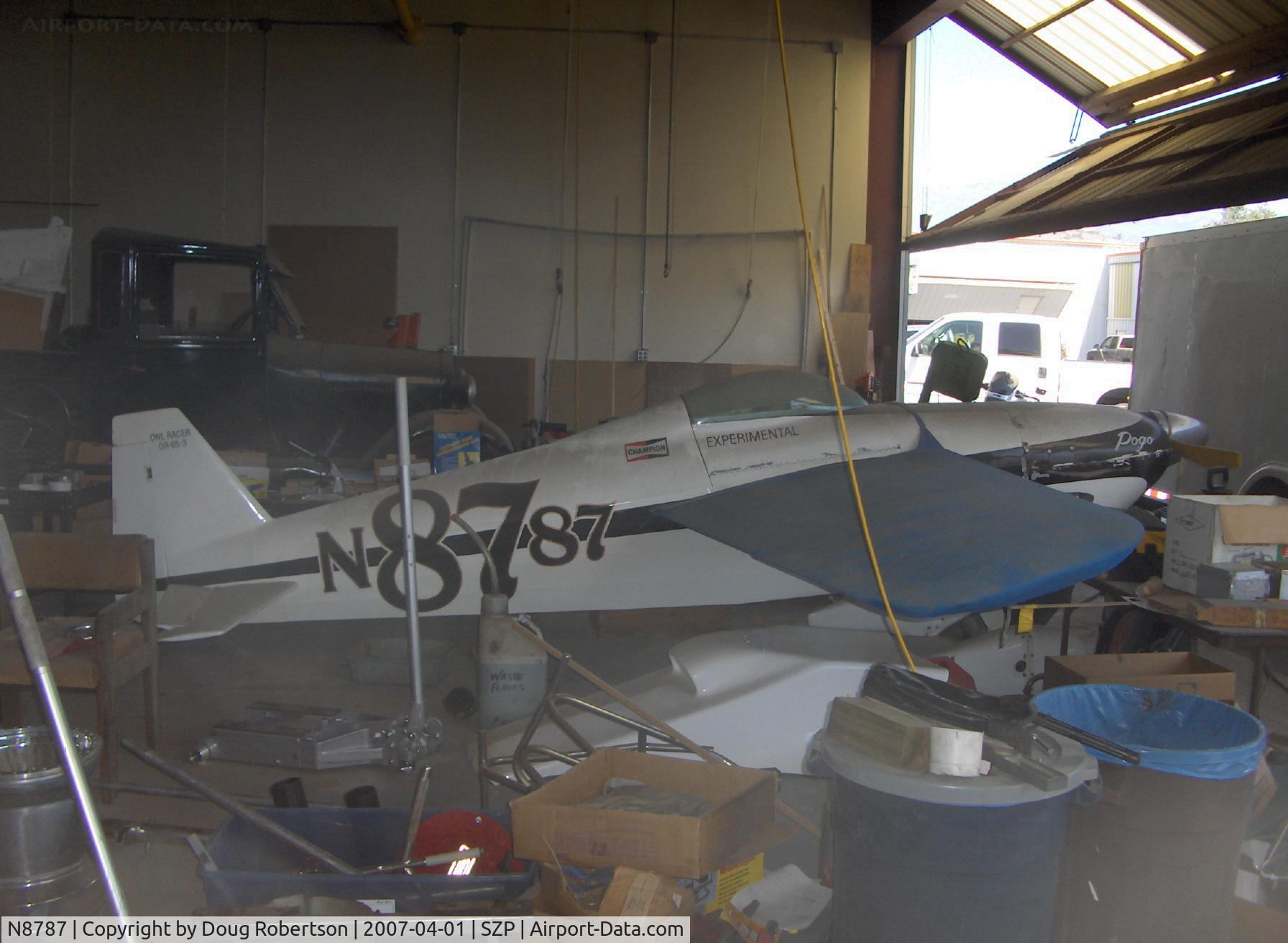 N8787, Wise Owl Racer 65-2 C/N A0-1, Wise OWL RACER 65-2 'POGO' #87, Continental O-200 turns 4,000 rpm 140 Hp with short prop. #87 'POGO' was the historic first OWL racer.