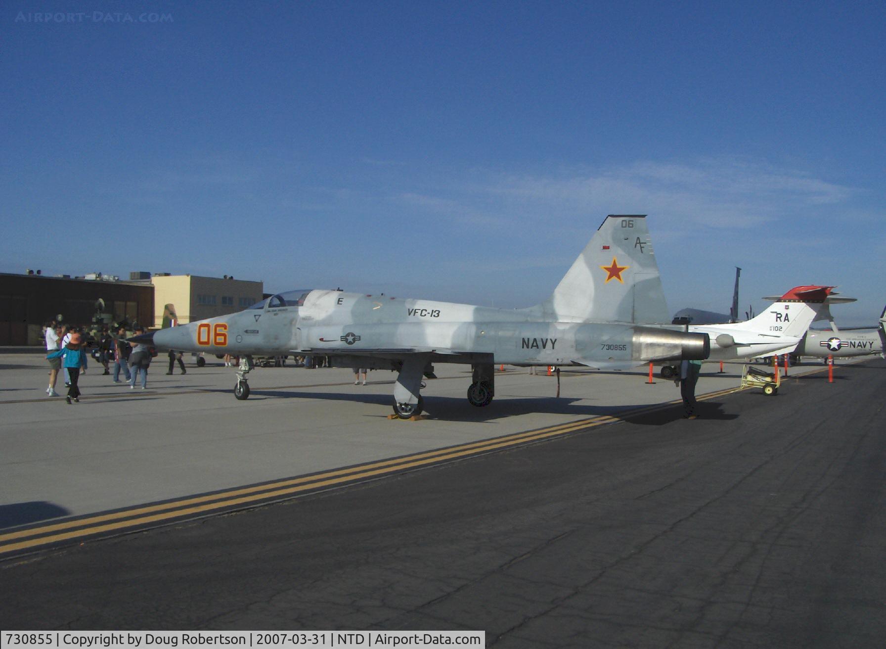 730855, Northrop F-5E Tiger II C/N R.1036, Northrop F-5E TIGER II, USN lightweight aggressor aircraft of VFC-13, 2 General Electric J85-GE-21B afterburning Turbojets 5,000 lb st each. In camouflage with red star, to simulate aircraft of Mikoyan Gurevich MIG-21 class. To US Navy as BuNo 730855.