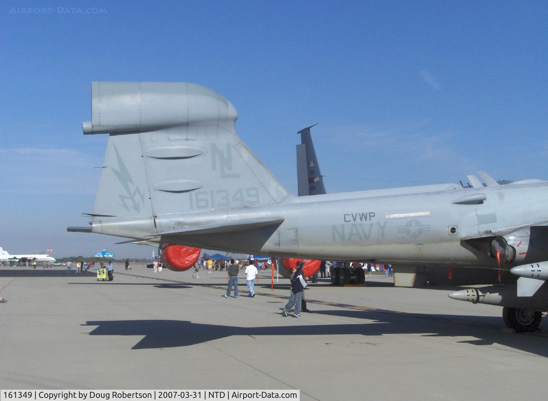 161349, Grumman EA-6B Prowler C/N P-93, Grumman EA-6B PROWLER electronic countermeasures aircraft, two P&W J52-P-8A Turbojets 9,300 lb st each. Note radome atop fin (another in fuselage nose), antennas, tail data with Bureau Number