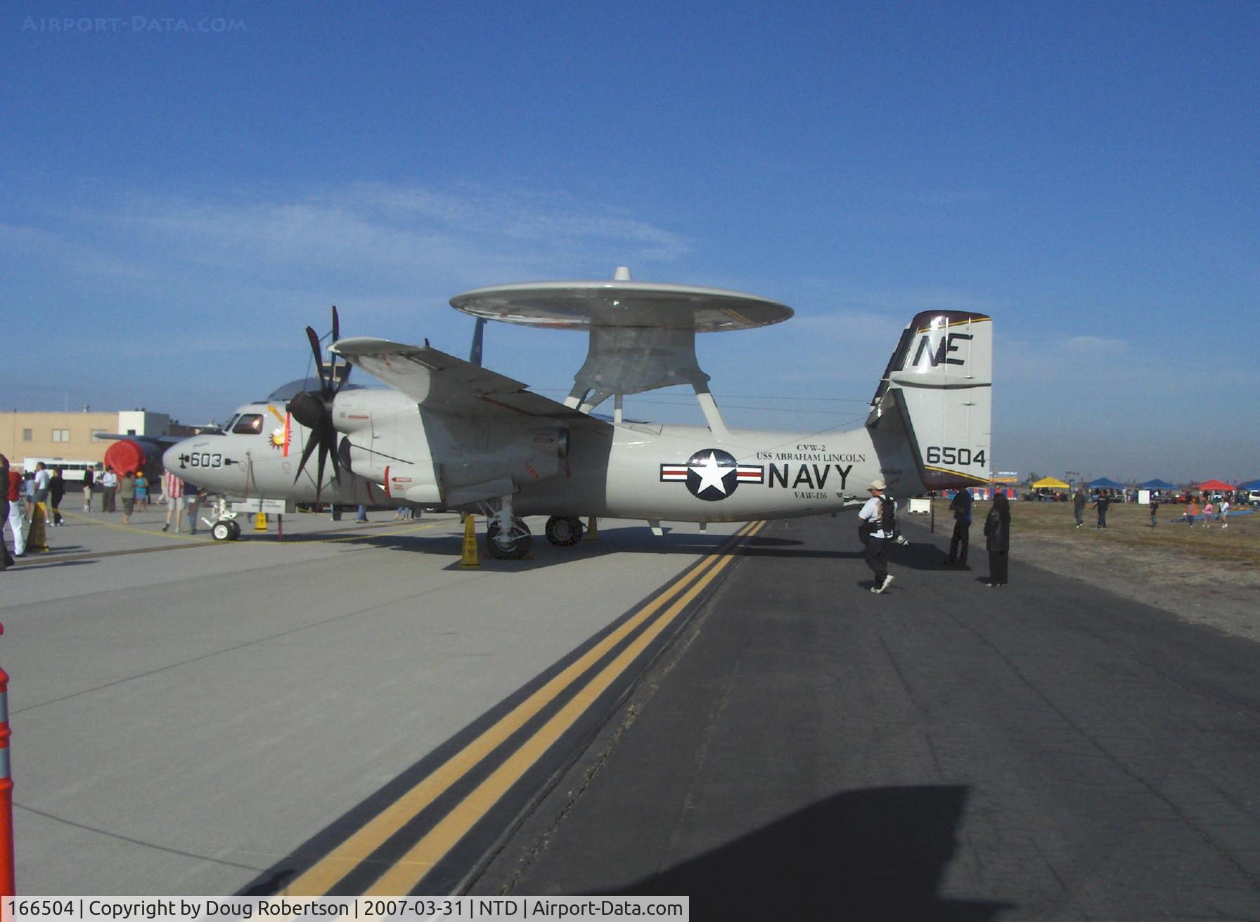 166504, Northrop Grumman E-2C Hawkeye 2000 (G-123) C/N Not found 166504, Grumman E-2C HAWKEYE airborne early warning aircraft of VAW-116 'Sun Kings', two Allison T56-A-8A Turboprops 4,050 eshp each. Note huge radome atop pylon-'Eyes of the Fleet'