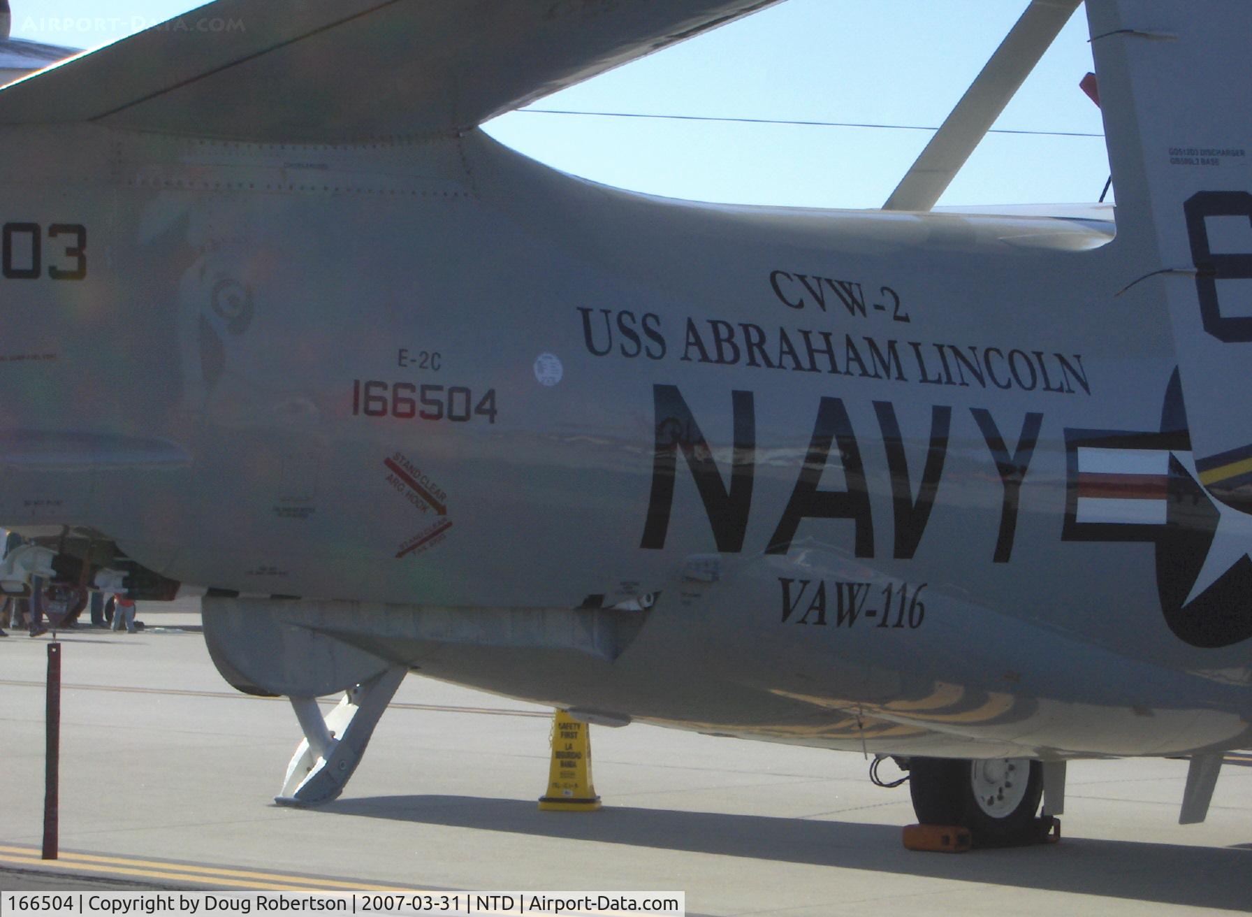 166504, Northrop Grumman E-2C Hawkeye 2000 (G-123) C/N Not found 166504, Grumman E-2C HAWKEYE airborne early warning aircraft of VAW-116 'Sun Kings', two Allison T56-A-8A Turboprops 4,050 eshp each. Operational altitude 30,000 ft with AN/APS-145 RADAR. Aircraft data.