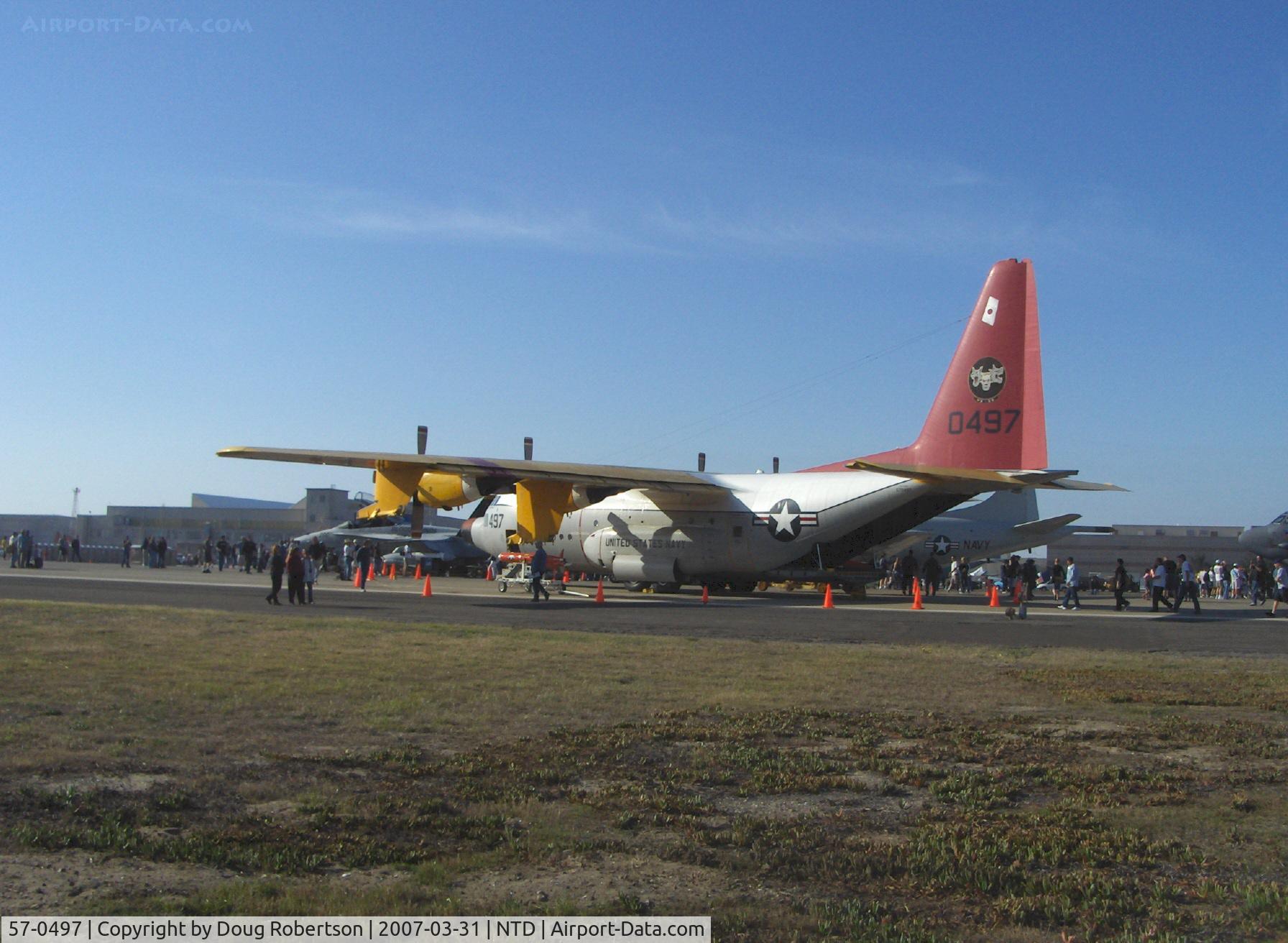 57-0497, 1957 Lockheed DC-130A Hercules C/N 182-3204, LOCKHEED DC-130A HERCULES Target Drone Carrier, four Allison T56 turboprops, reversible-pitch props. Modified from USAF C-130A. Four underwing pickup points.