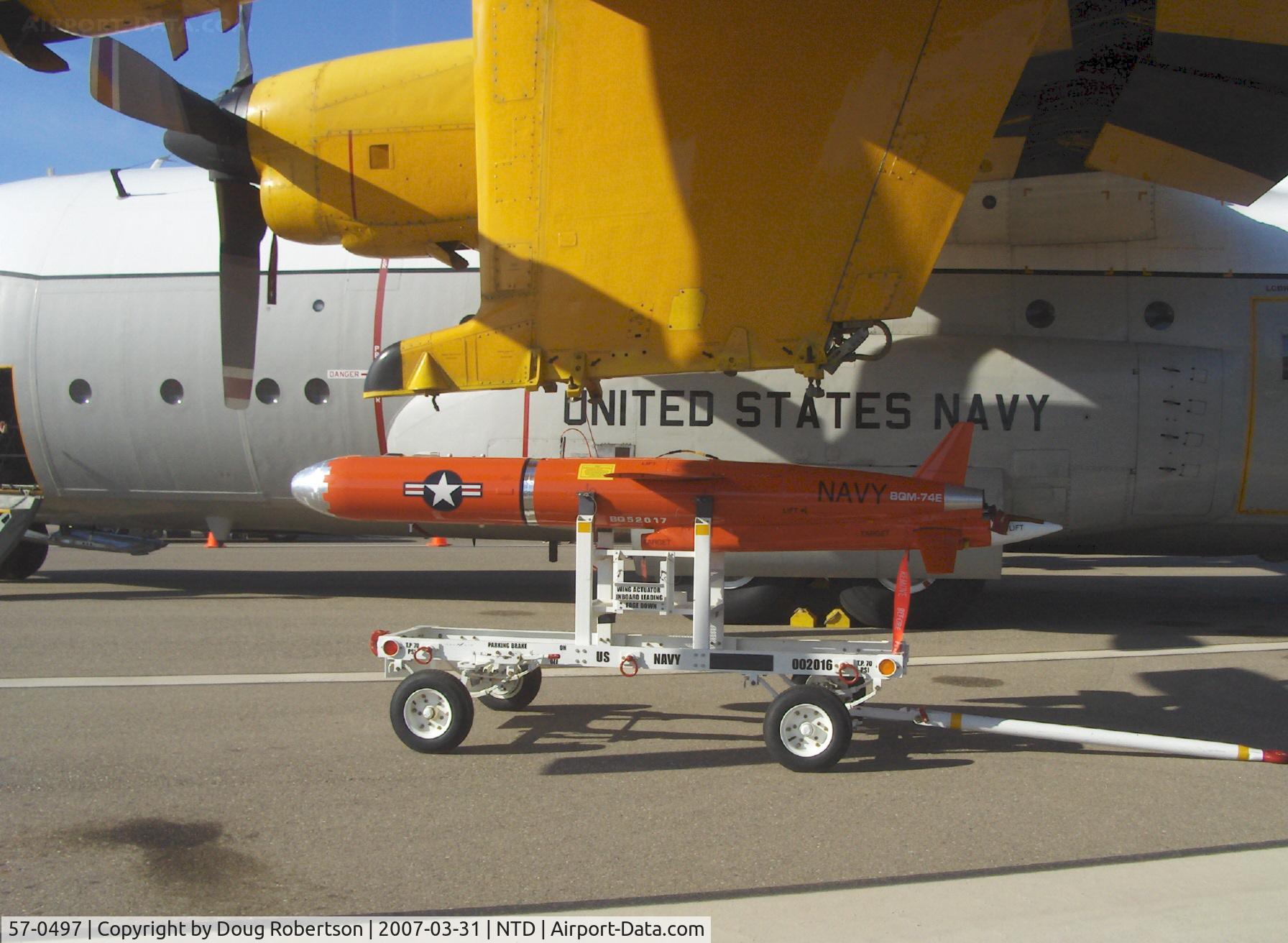 57-0497, 1957 Lockheed DC-130A Hercules C/N 182-3204, LOCKHEED DC-130A HERCULES Target Drone Carrier, four Allison T56 turboprops, reversible-pitch props. Modified from USAF C-130A. BQM-74E Target drone.