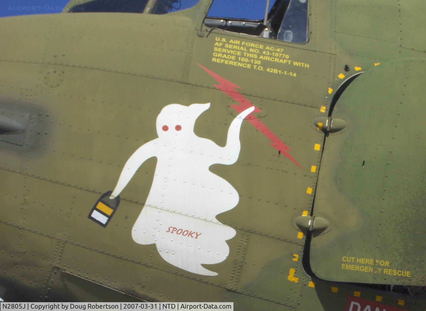 N2805J, 1944 Douglas DC3C-R-1830-90C C/N 20835, 1944 Douglas DC-3C as USAF AC-47 Gunship 'SPOOKY', two P&W R-1830-90C radial engines 1,200 Hp each. 'SPOOKY's' nose art. Read my Article this site on the Vietnam SPOOKYs and N2805J. See More Articles-Aircraft History-Warbirds.
