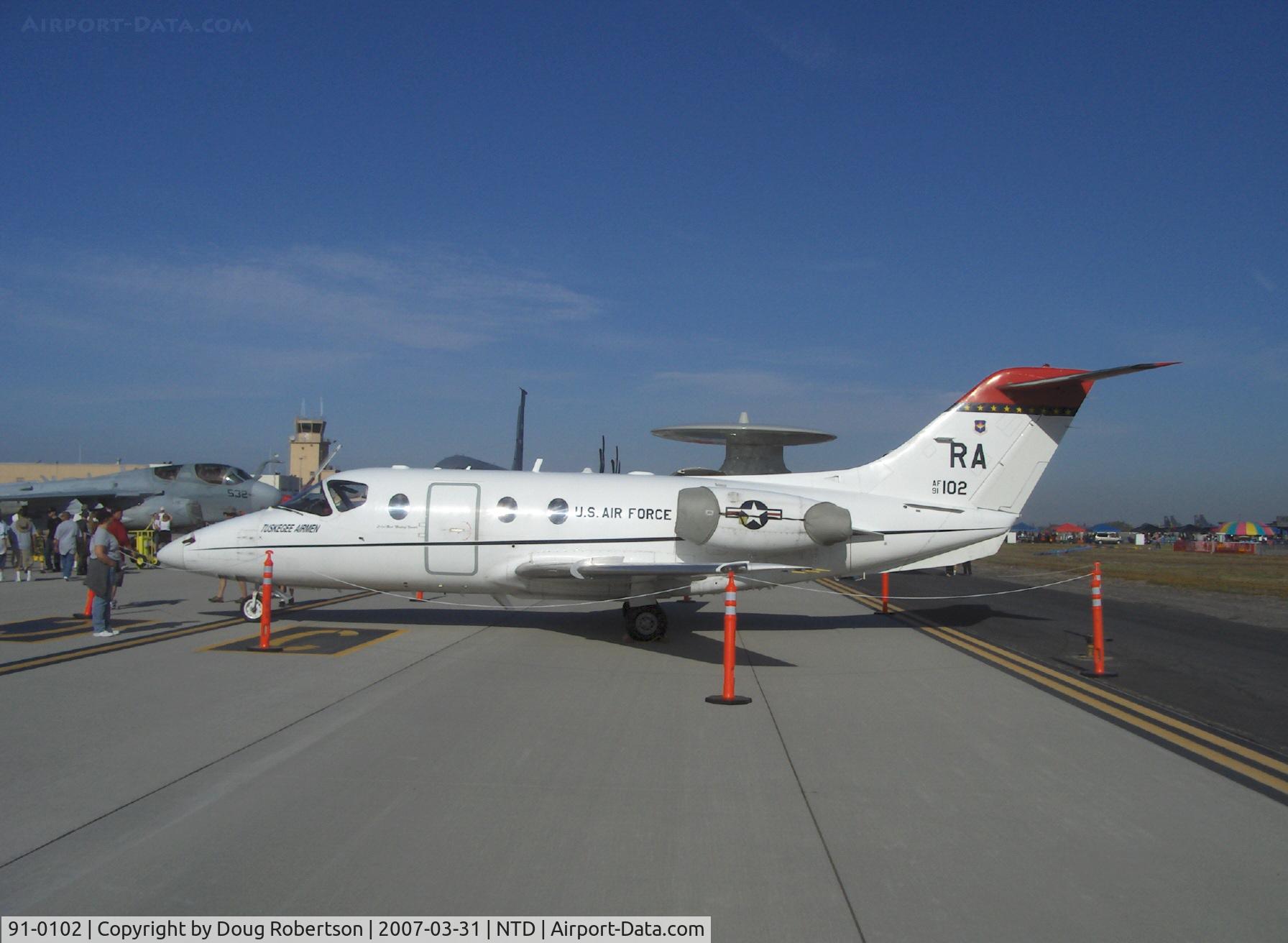 91-0102, 1991 Beechcraft T-1A Jayhawk C/N TT-43, USAF BEECH T-1A JAYHAWK TTTS (Tanker/Transport Trainer System), 2 Pratt & Whitney JT15D-5B Turbojets 2,908 lb st each. Slightly modified business jet. Extra fuel tanks, thrust reversers simulate handling large transport aircraft.