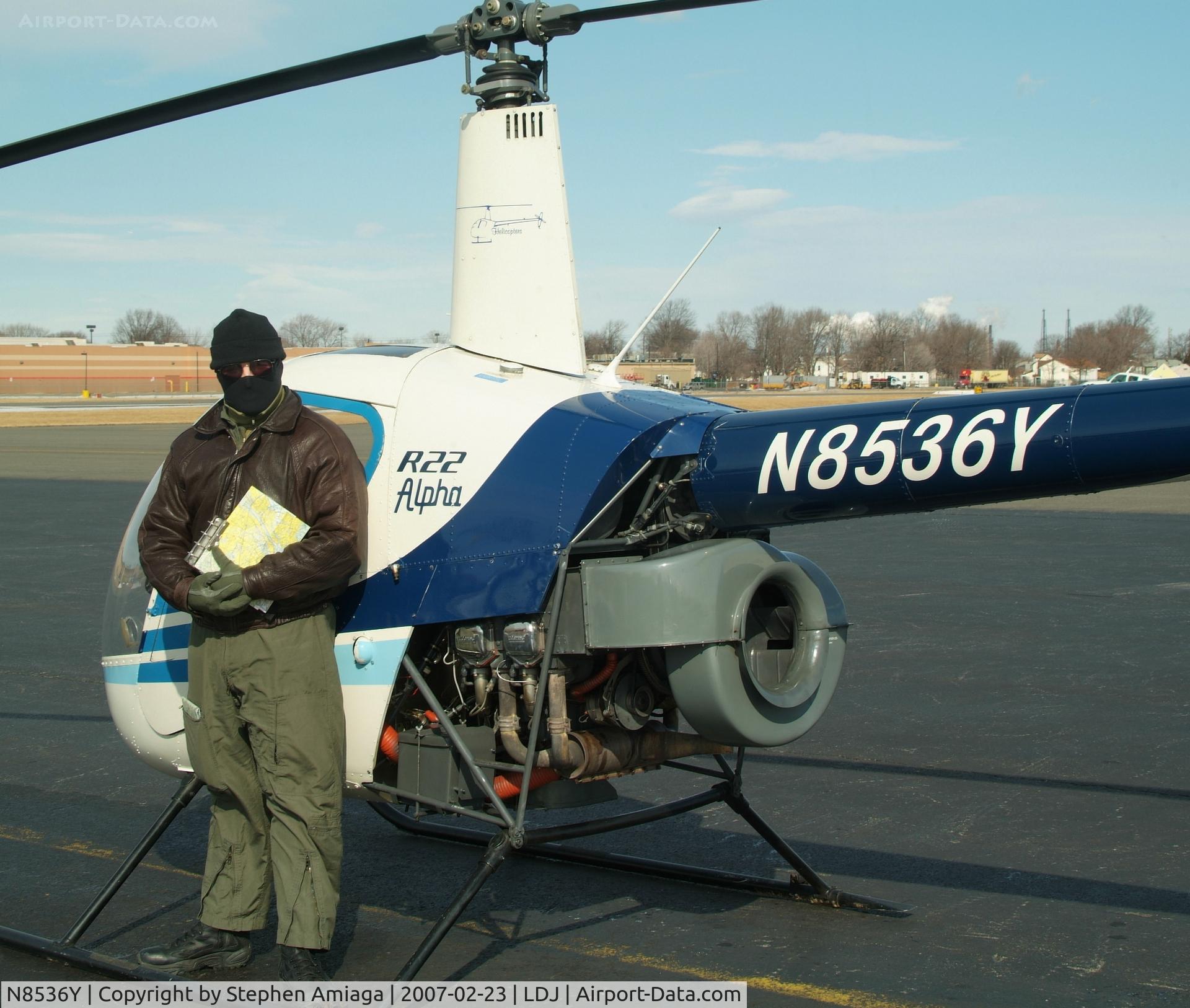 N8536Y, 1984 Robinson R22 ALPHA C/N 0438, 36Y at Linden - Pilot A.C. dressed for Feb Aerials...