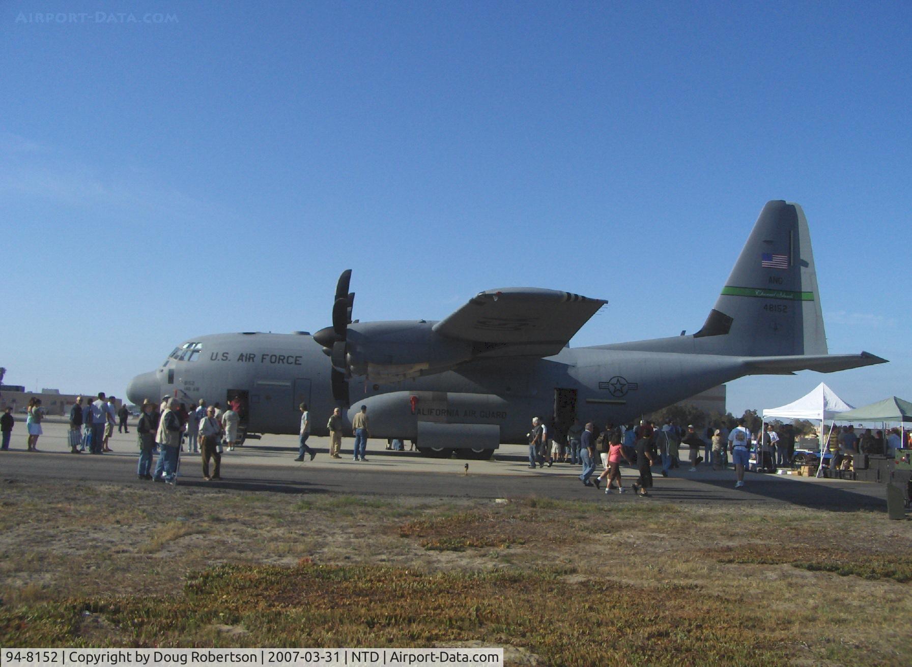 94-8152, Lockheed C-130J Hercules C/N 382-5415, USAF Lockheed-Martin C130J SUPER HERCULES four engine turboprop transport of the 146th Airlift Wing/115 Airlift Squadron, Channel Islands Air National Guard based at NAWS NTD Point Mugu since September 1990.