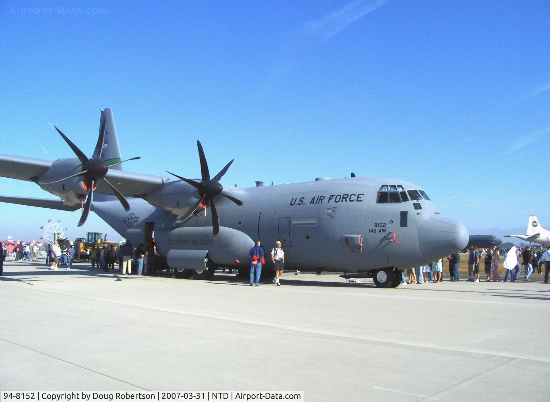 94-8152, Lockheed C-130J Hercules C/N 382-5415, USAF Lockheed-Martin C130J SUPER HERCULES four engine turboprop transport of the 146th Airlift Wing/115 Airlift Squadron, Channel Islands Air National Guard based at NAWS NTD Point Mugu since September 1990. Four six-blade props.