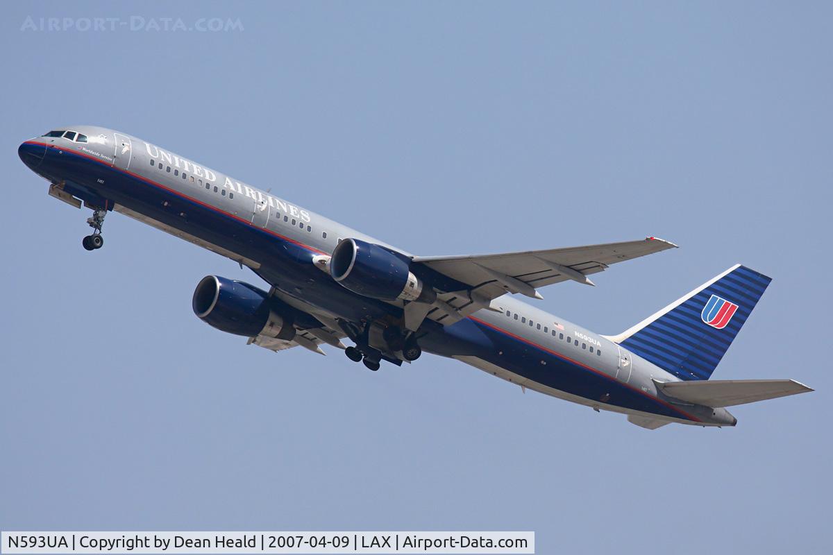 N593UA, 1996 Boeing 757-222(SF) C/N 28144, United Airlines N593UA (FLT UAL272) climbing out from RWY 25R enroute to Orlando Int'l (KMCO).