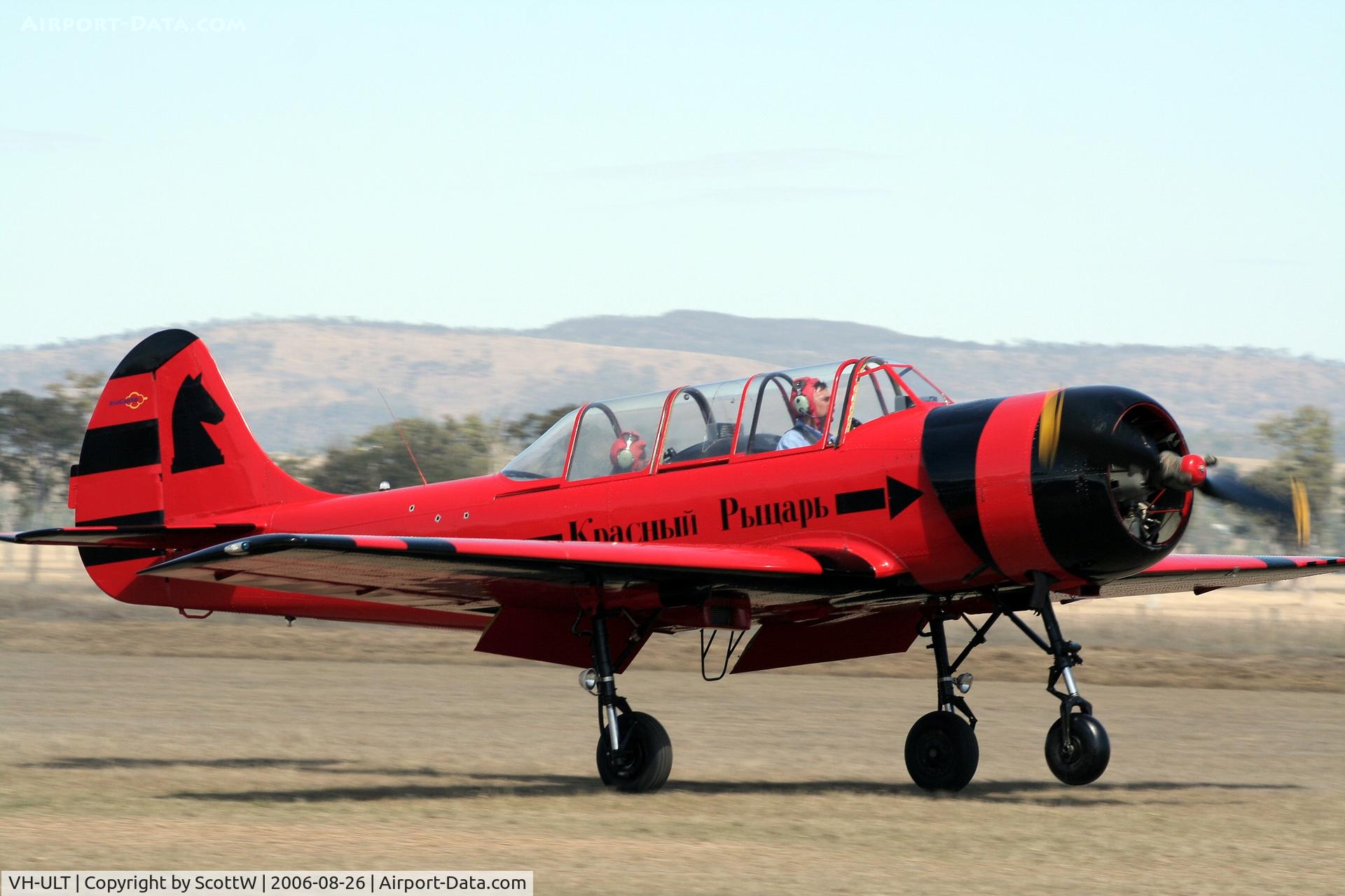 VH-ULT, 1986 Yakovlev YAK-52 C/N 867110, image taken at the 15th annual festival of flight Watts Bridge Memorial Airfield QLD