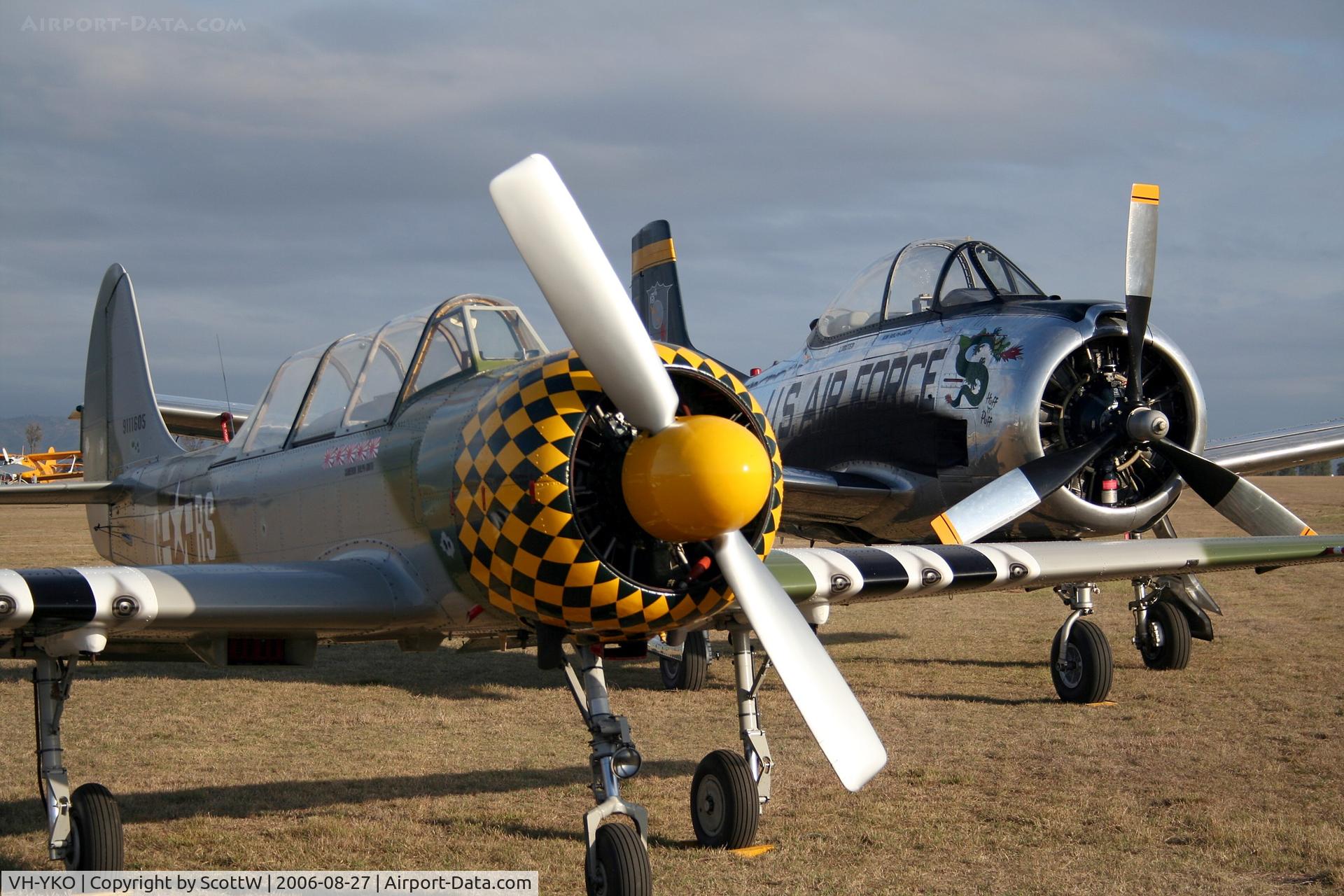 VH-YKO, 1991 Yakovlev Yak-52 C/N 9111605, unfortunately this aircraft was involved in a landing incident, hence been written off. Sunrise shot in company with T-28 VH-TRO