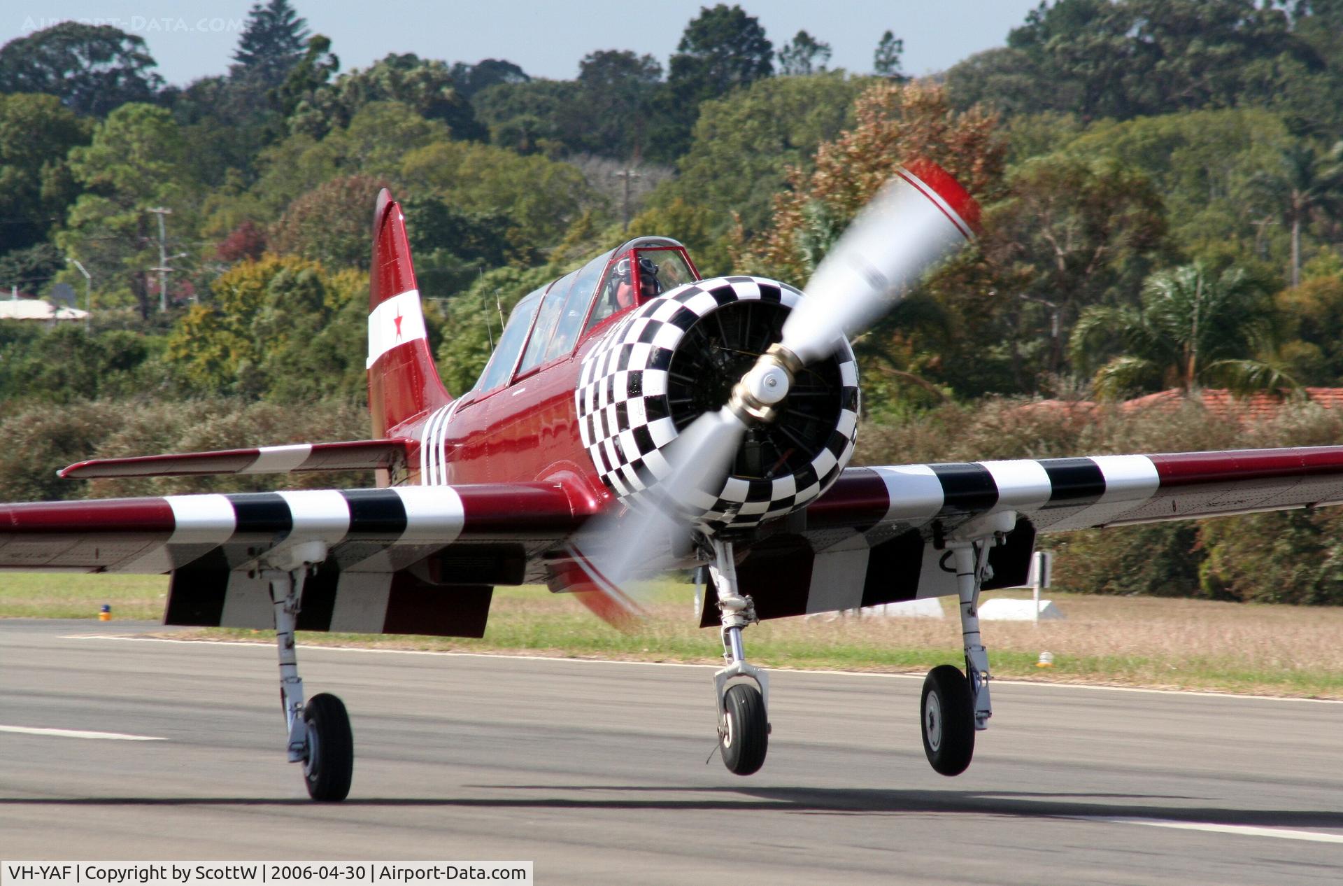 VH-YAF, 1990 Yakovlev Yak-52 C/N 9011005, coming back to earth after another sortie