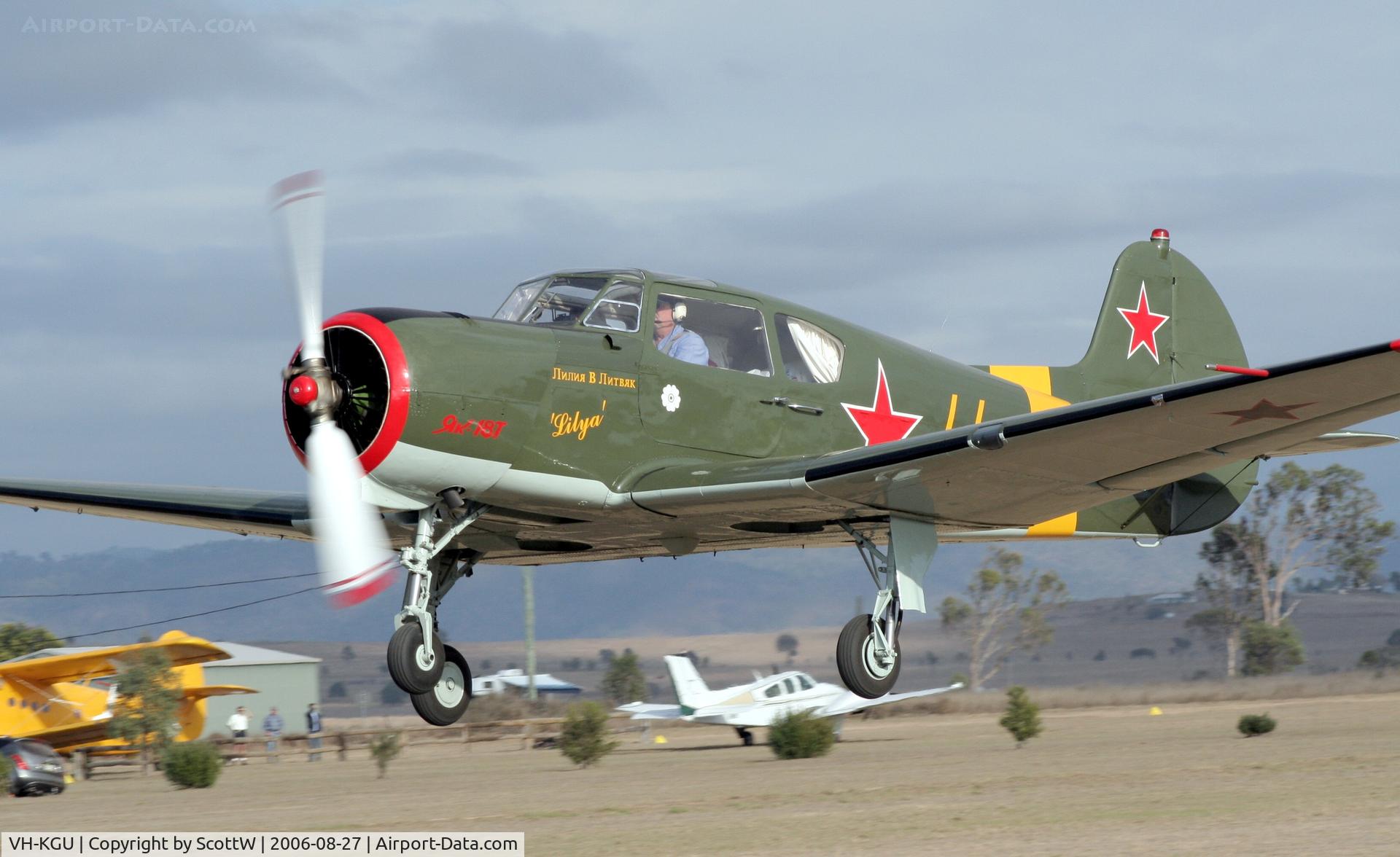 VH-KGU, 1976 Yakovlev Yak-18T C/N 6201111, Most Yak-18T's in Aus wear civil schemes this one wears a Russian scheme.