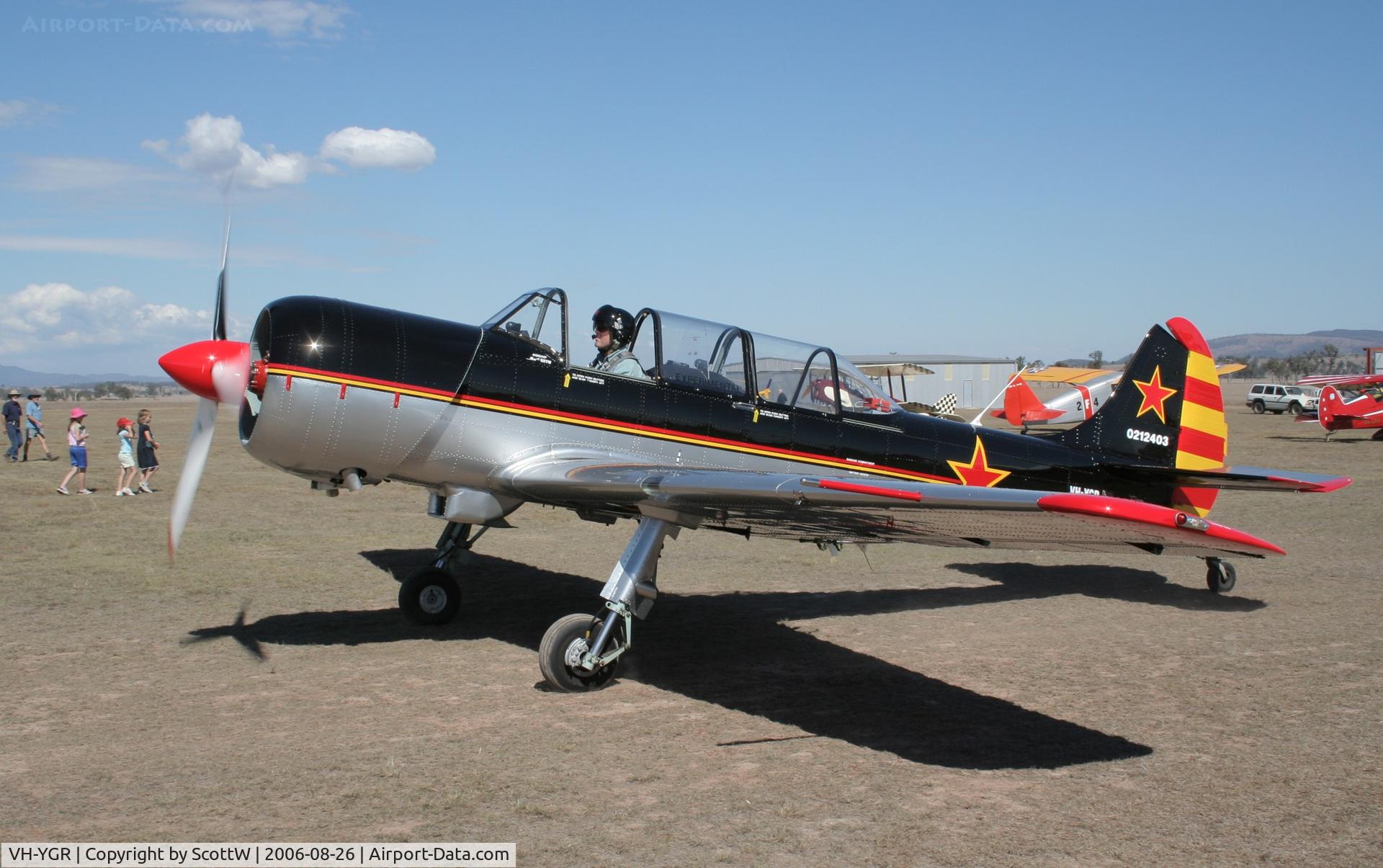 VH-YGR, 2002 Yakovlev (Aerostar) Yak-52TW C/N 0212403, image taken at the 15th annual festival of flight Watts Bridge Memorial Airfield QLD