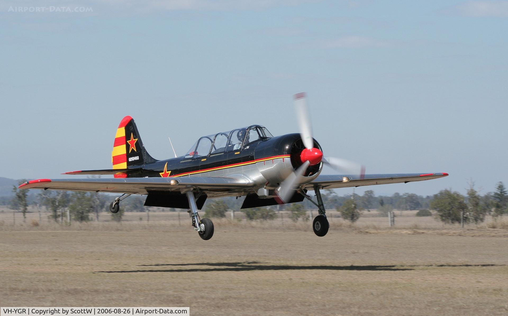 VH-YGR, 2002 Yakovlev (Aerostar) Yak-52TW C/N 0212403, image taken at the 15th annual festival of flight Watts Bridge Memorial Airfield QLD
