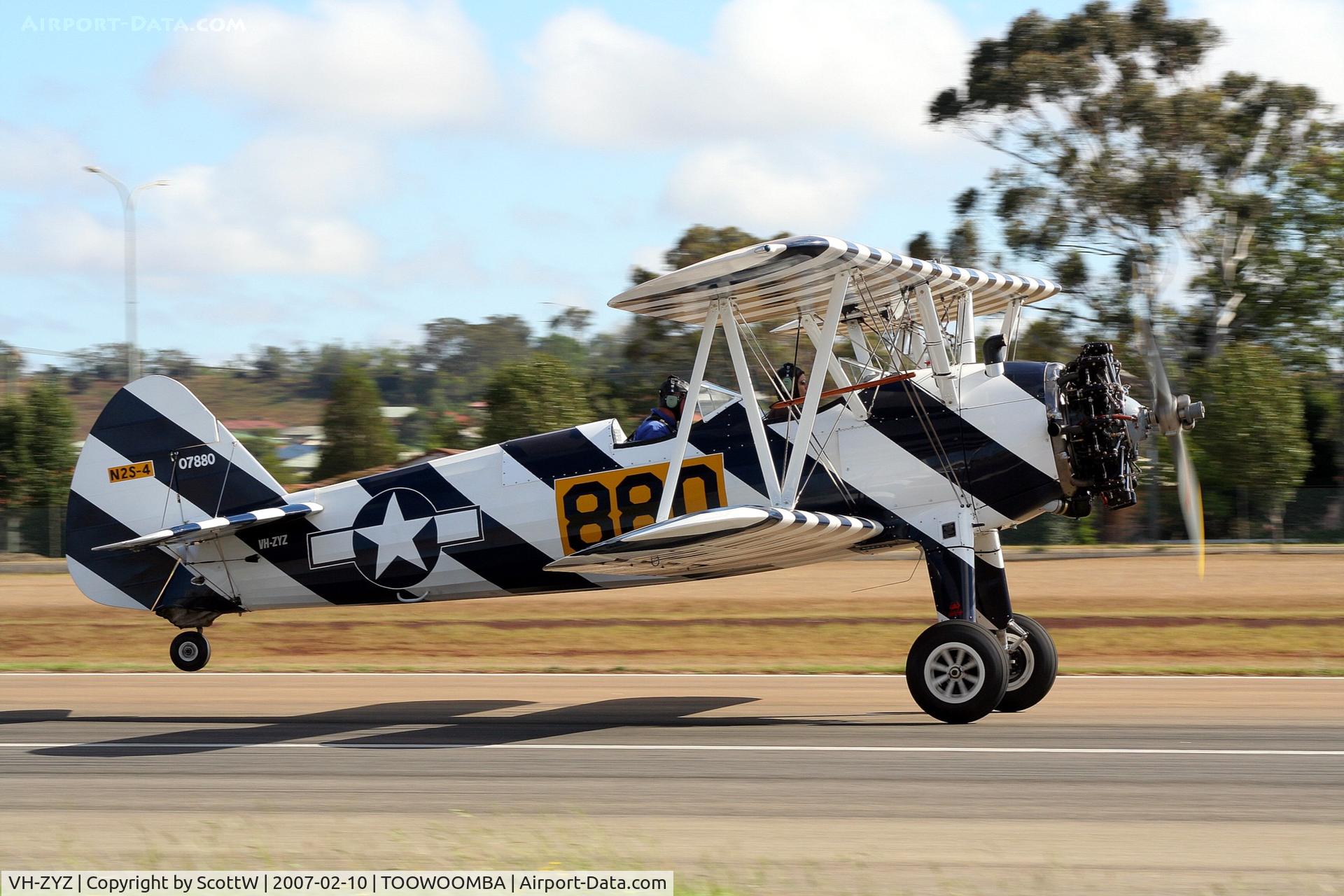 VH-ZYZ, 1941 Boeing A75N1 C/N 75-1439, off on a local flight around Toowoomba QLD