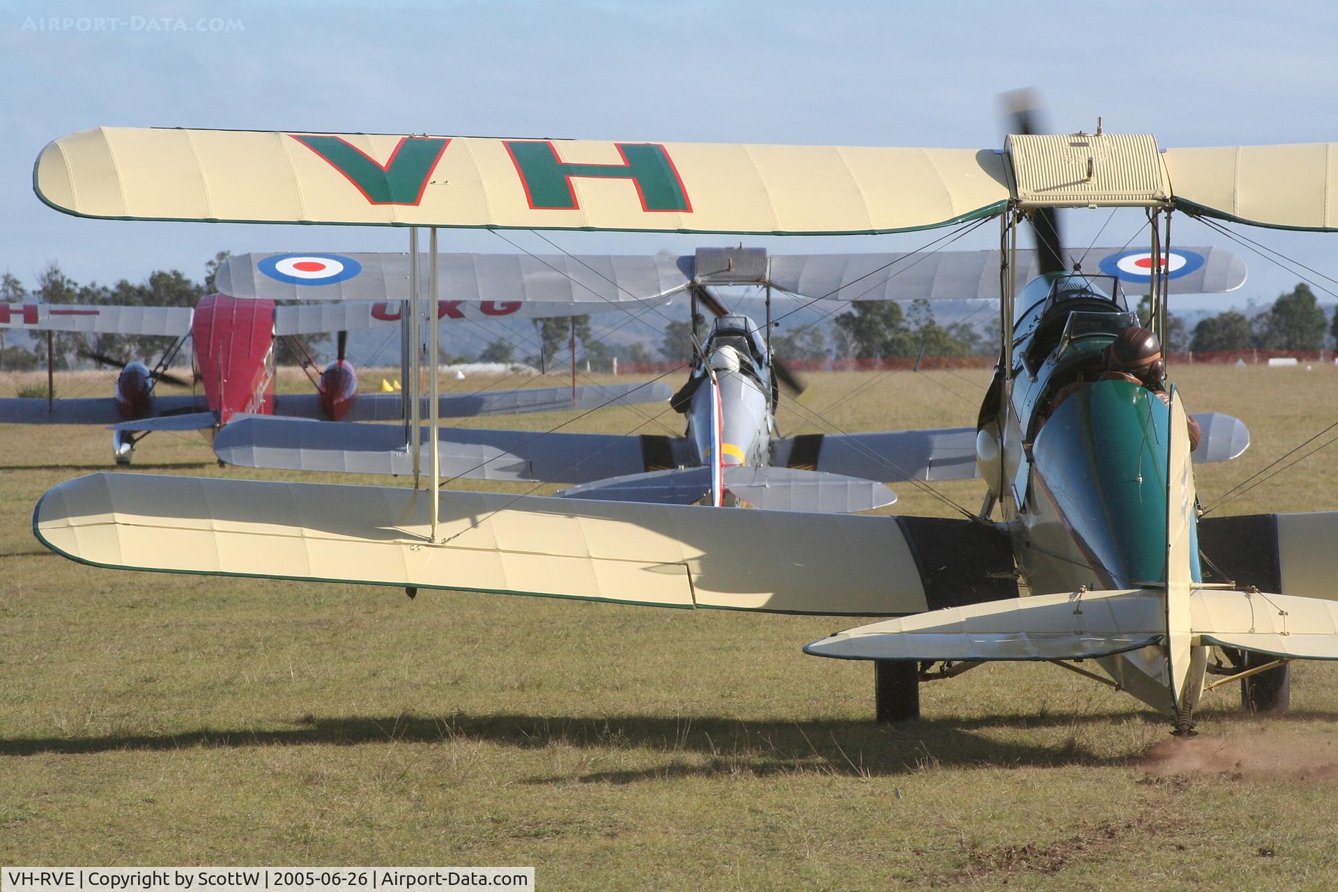 VH-RVE, 1941 De Havilland DH-82A Tiger Moth II C/N 83478, image taken at Watts Bridge Memorial airfield. RVE in company with VH-GAV and DH-84 Dragon VH-UXG