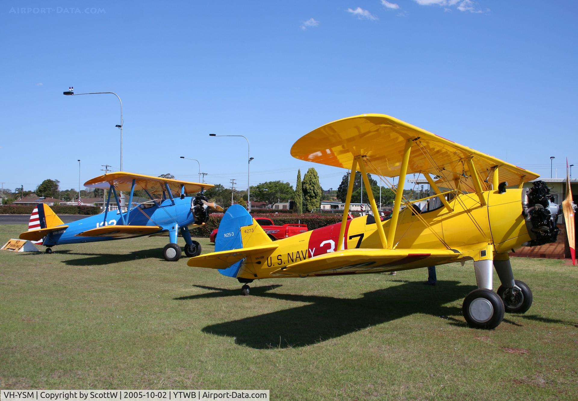 VH-YSM, 1941 Boeing PT-17 Kaydet (A75N1) C/N 75-8220, image taken at Toowoomba. In company with VH-SNM