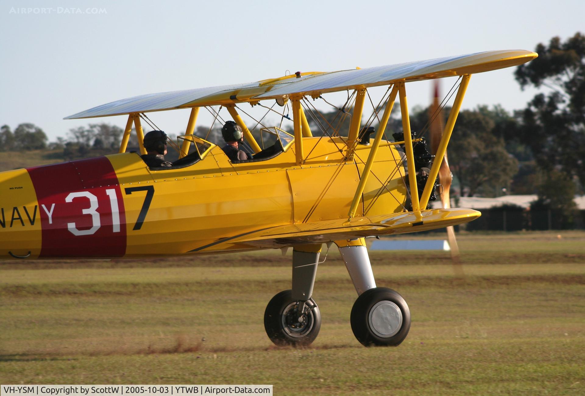 VH-YSM, 1941 Boeing PT-17 Kaydet (A75N1) C/N 75-8220, early morning departure shot from Toowoomba