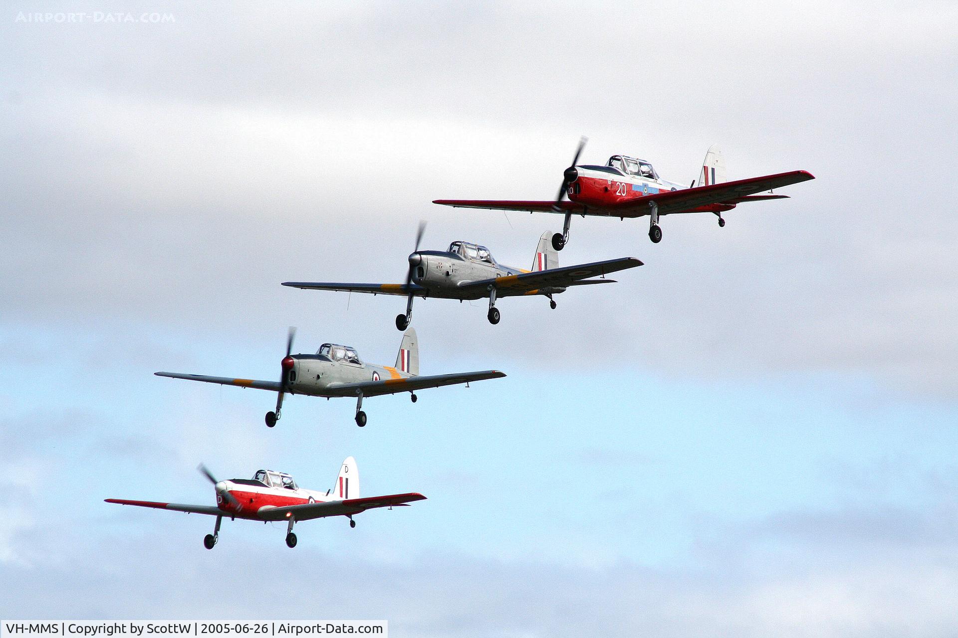 VH-MMS, 1951 De Havilland DHC-1 Chipmunk T.10 C/N C1/0528, image taken at Watts Bridge Memorial airfield. Formation flight of Chipmunks with VH-MMS as the lead ship