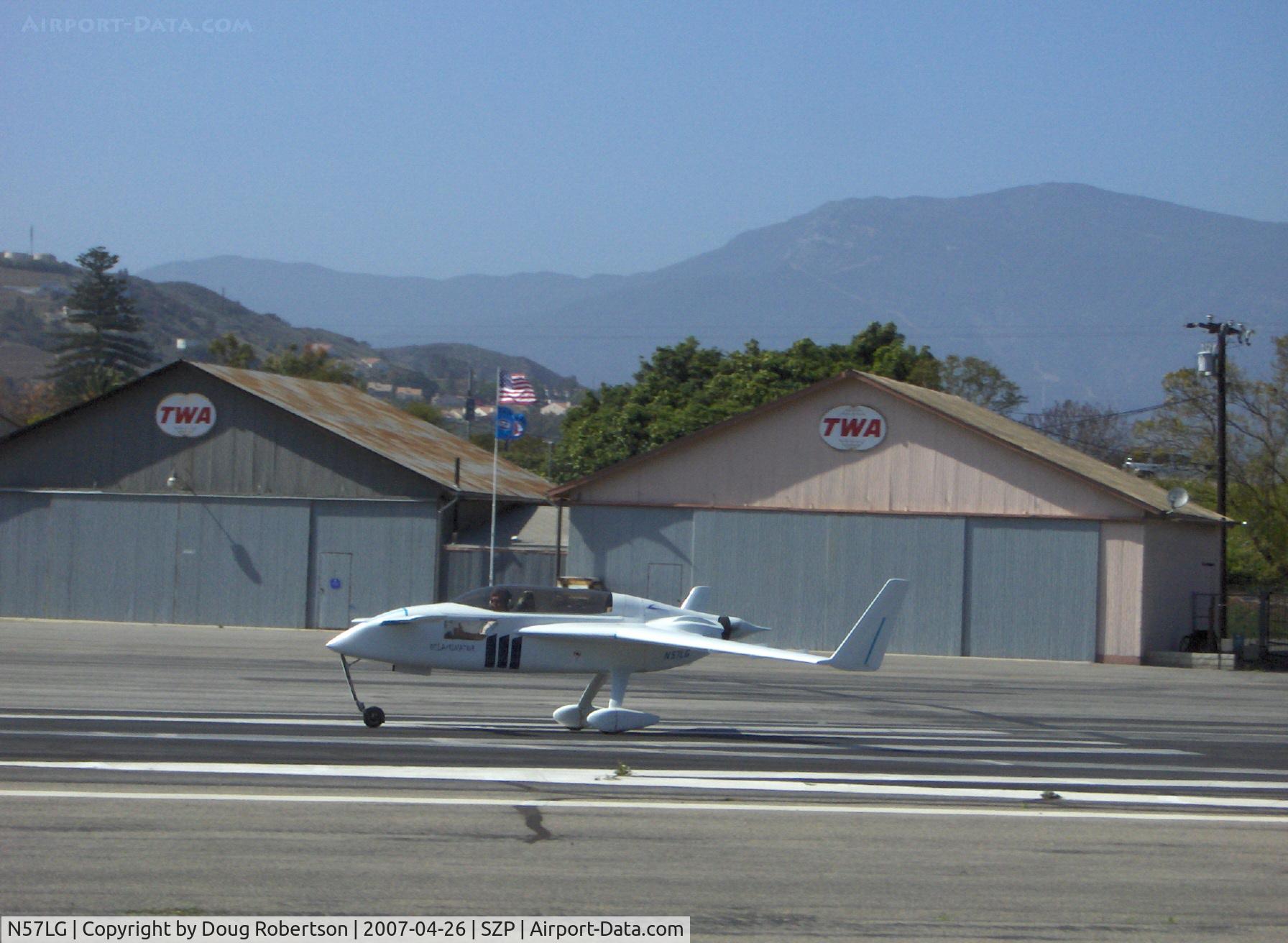 N57LG, 1983 Rutan VariEze C/N 57Z, 1983 Godsey/Klaus Savier highly modified VARI-EZE, Continental O-200 100+ Hp, Light Speed Eng. plasma ignition, takeoff roll Rwy 22, Holder of FAI Class C-1.A world records: 1,000 km at 203.67 mph; 2,000 km at 200.12 mph. Santa Paula-Memphis, TN nonstop