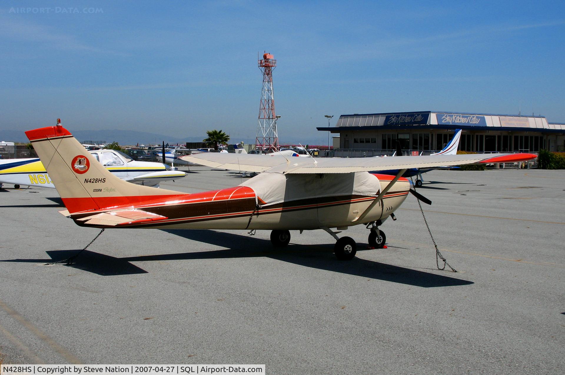 N428HS, 1965 Cessna 182J Skylane C/N 18256735, 1965 Cessna 182J with cover and Bear tail emblem visiting from Big Bear City, CA @ San Carlos, CA