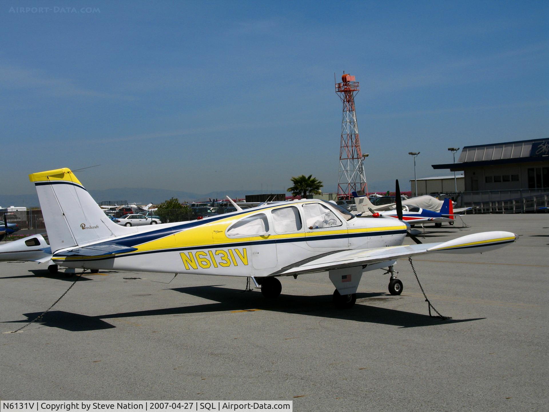 N6131V, 1965 Beech 35-C33 Debonair C/N CD-861, 1965 Beech 35-C33 Bonanza with tip tanks visiting from Ashland, OR @ San Carlos, CA