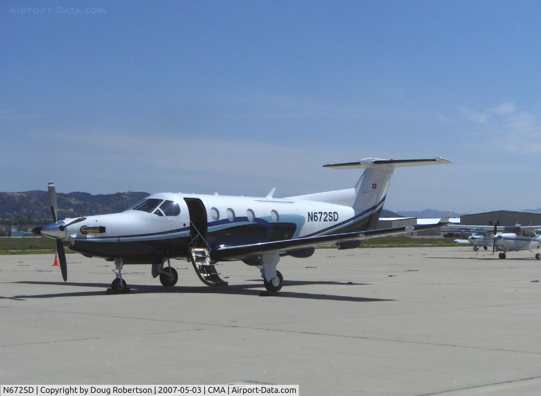 N672SD, 2005 Pilatus PC-12/45 C/N 666, 2005 Pilatus PC-12/45, one 1,605 shp Pratt & Whitney (Canada) PT6A-67B Turboprop flat rated at 1,200 shp for takeoff, 1.000 shp continuous, max speed 311 mph at 25,000 ft. Airstair door, cargo door right rear, Type III emergency exit above right wing