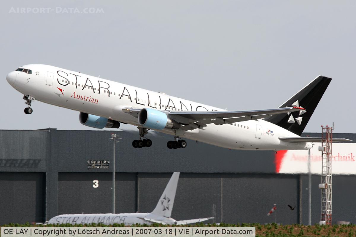 OE-LAY, 1998 Boeing 767-3Z9/ER C/N 29867, dep- RWY29 at background OE-LAZ