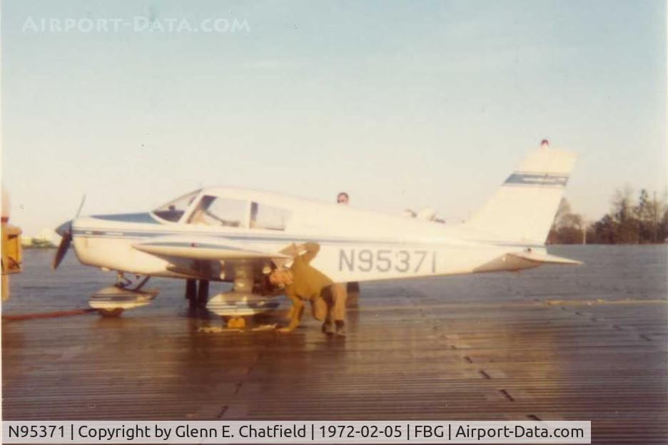 N95371, 1969 Piper PA-28-140 C/N PA28-25903, No longer registered.  That's me preflighting one of my early flights, with a 6-month old license, taking friends flying.  Notice the ramp; our battalion built that from M8A1.