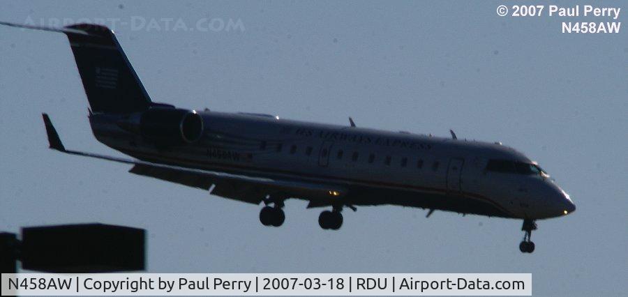 N458AW, 2003 Bombardier CRJ-200LR (CL-600-2B19) C/N 7861, Nose down and going for the runway