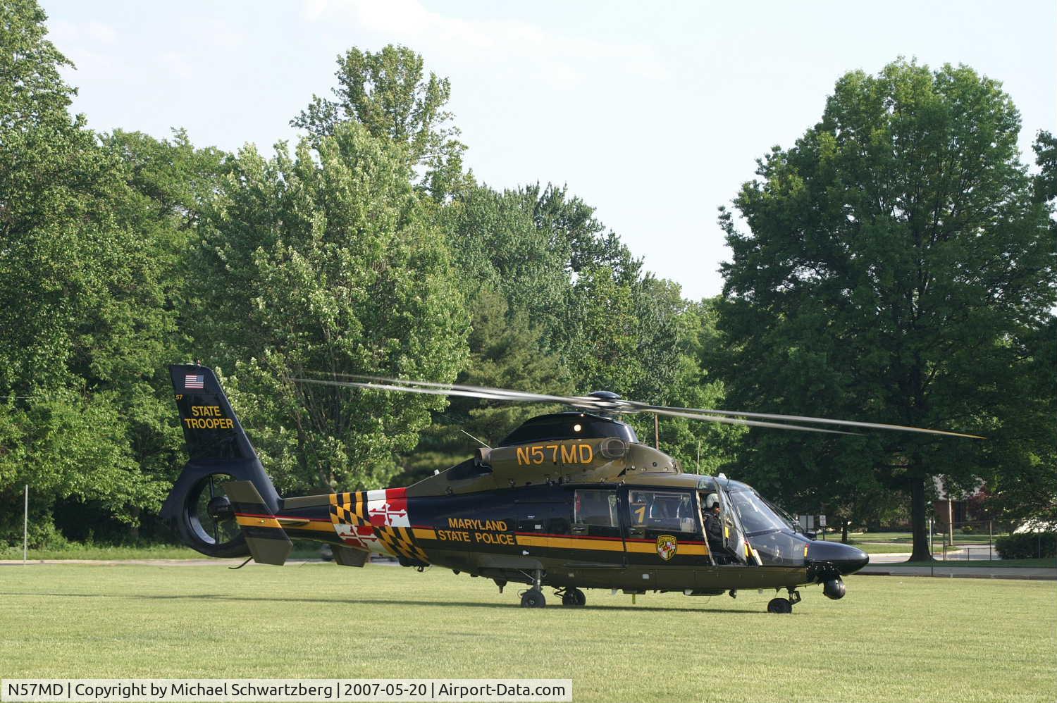 N57MD, 1988 Aerospatiale SA-365N-1 Dauphin 2 C/N 6252, Maryland State Police Trooper 1 on a medevac misison 5/20/07 in Randallstown, MD.
