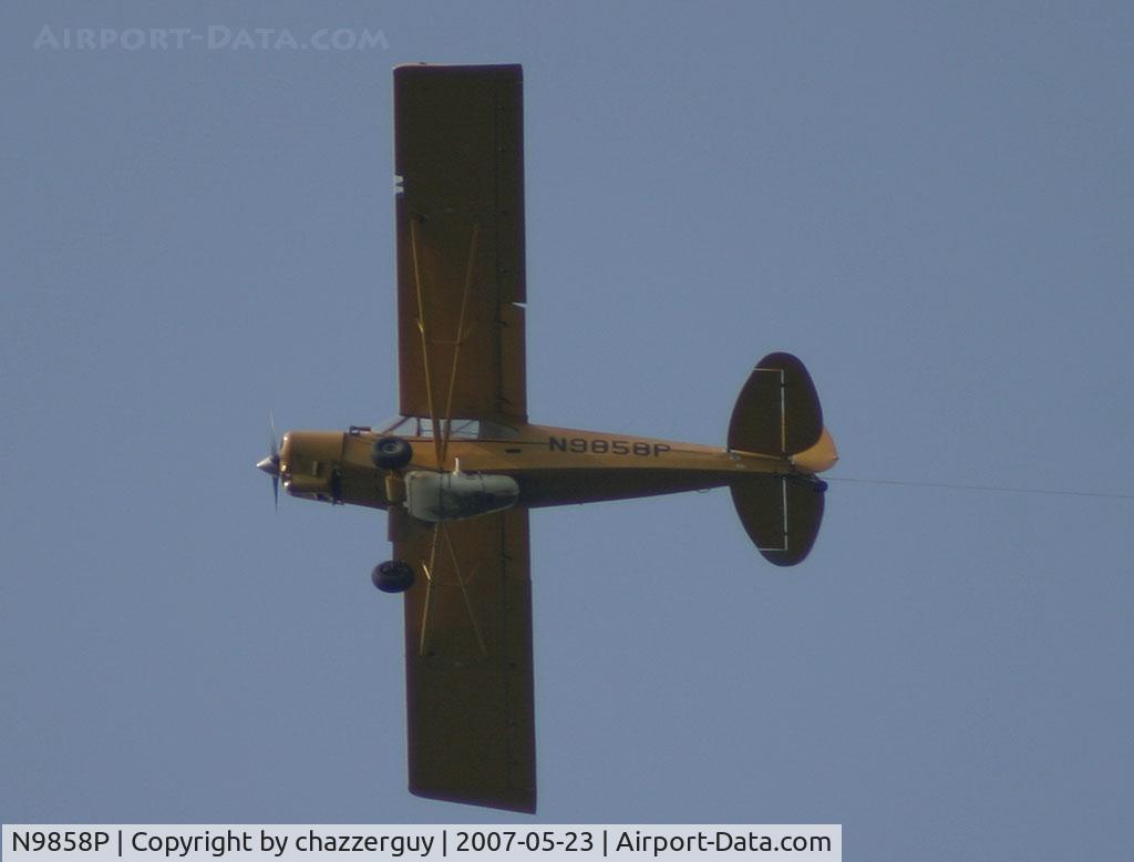 N9858P, 1976 Piper PA-18-150 Super Cub C/N 18-7709006, Flying over south Charlotte, NC, pulling an ad banner.