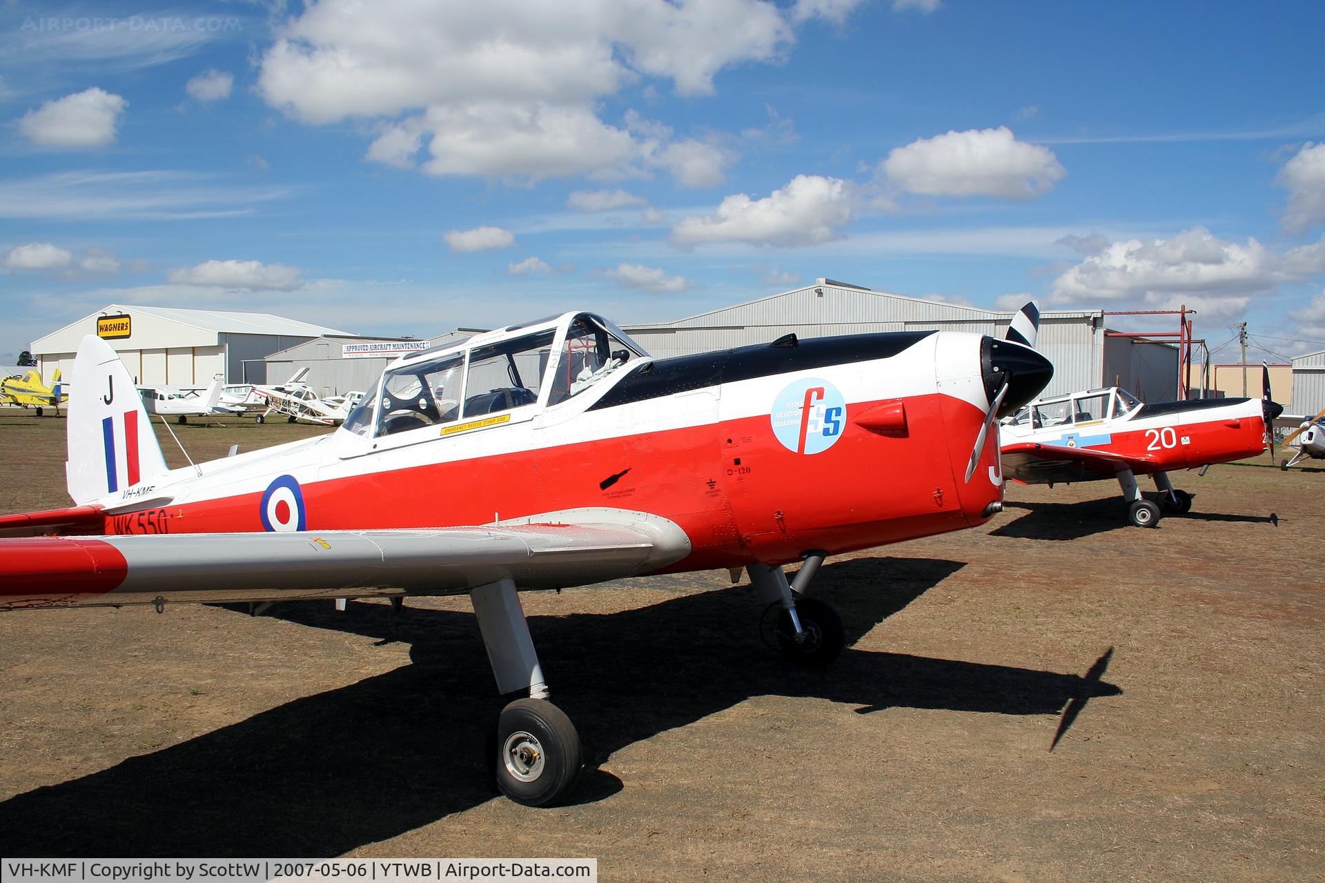 VH-KMF, 1952 De Havilland DHC-1 Chipmunk T.10 C/N C1/0565, in company with VH-MMS. Guido Zuccoli Memorial Fly-in