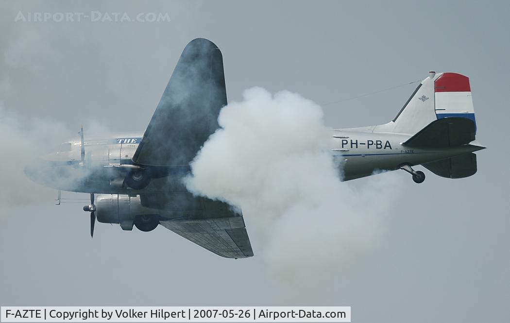 F-AZTE, 1943 Douglas C-47A-1-DL  Skytrain C/N 9172, At the 2007 La Ferté-Alais airshow this beautiful DC-3 has to fly through heavy anti-aircraft gunfire