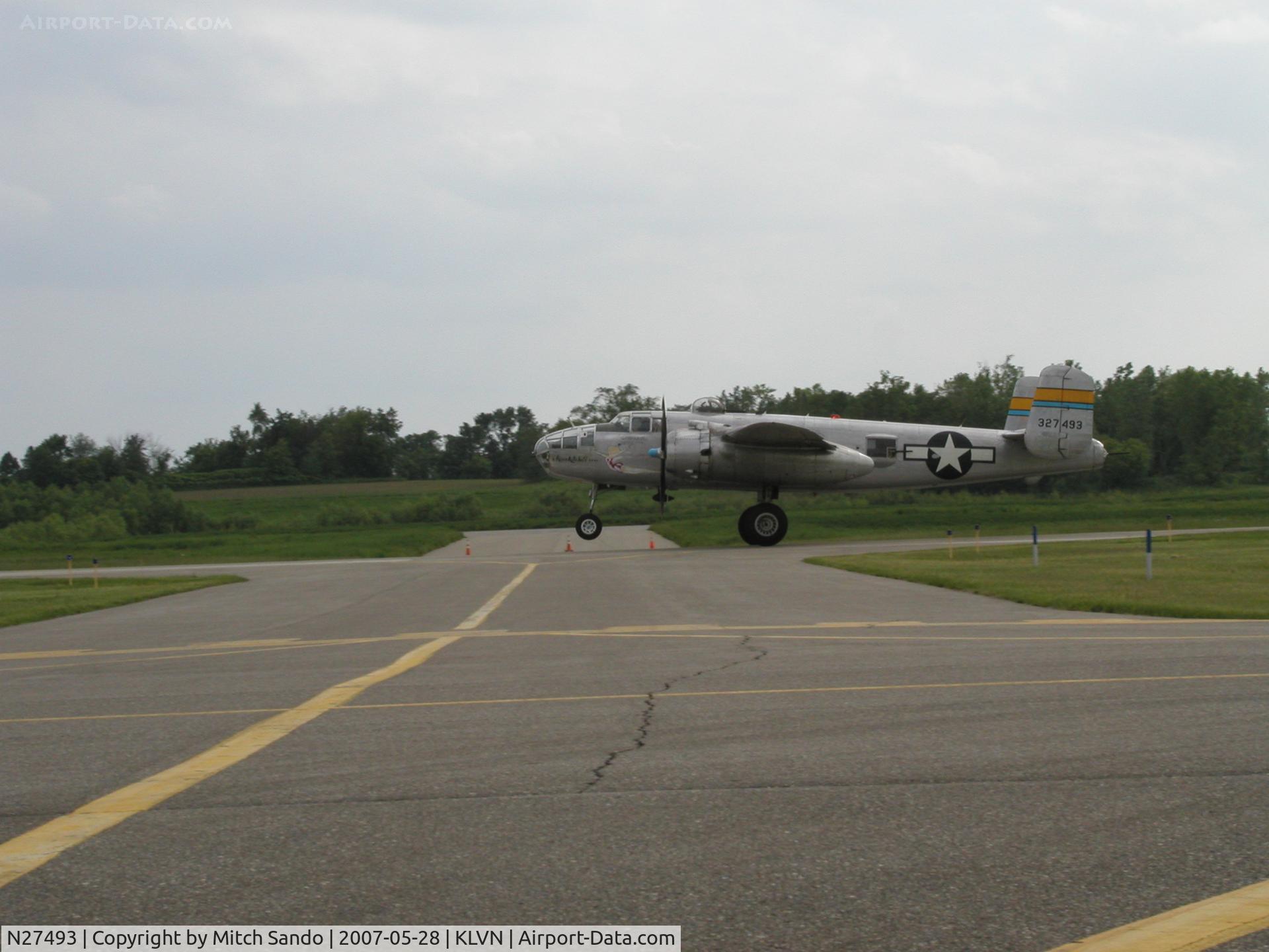 N27493, 1944 North American TB-25K Mitchell C/N 44-29869/108-33144, Just lifting off of runway 12 at Airlake.