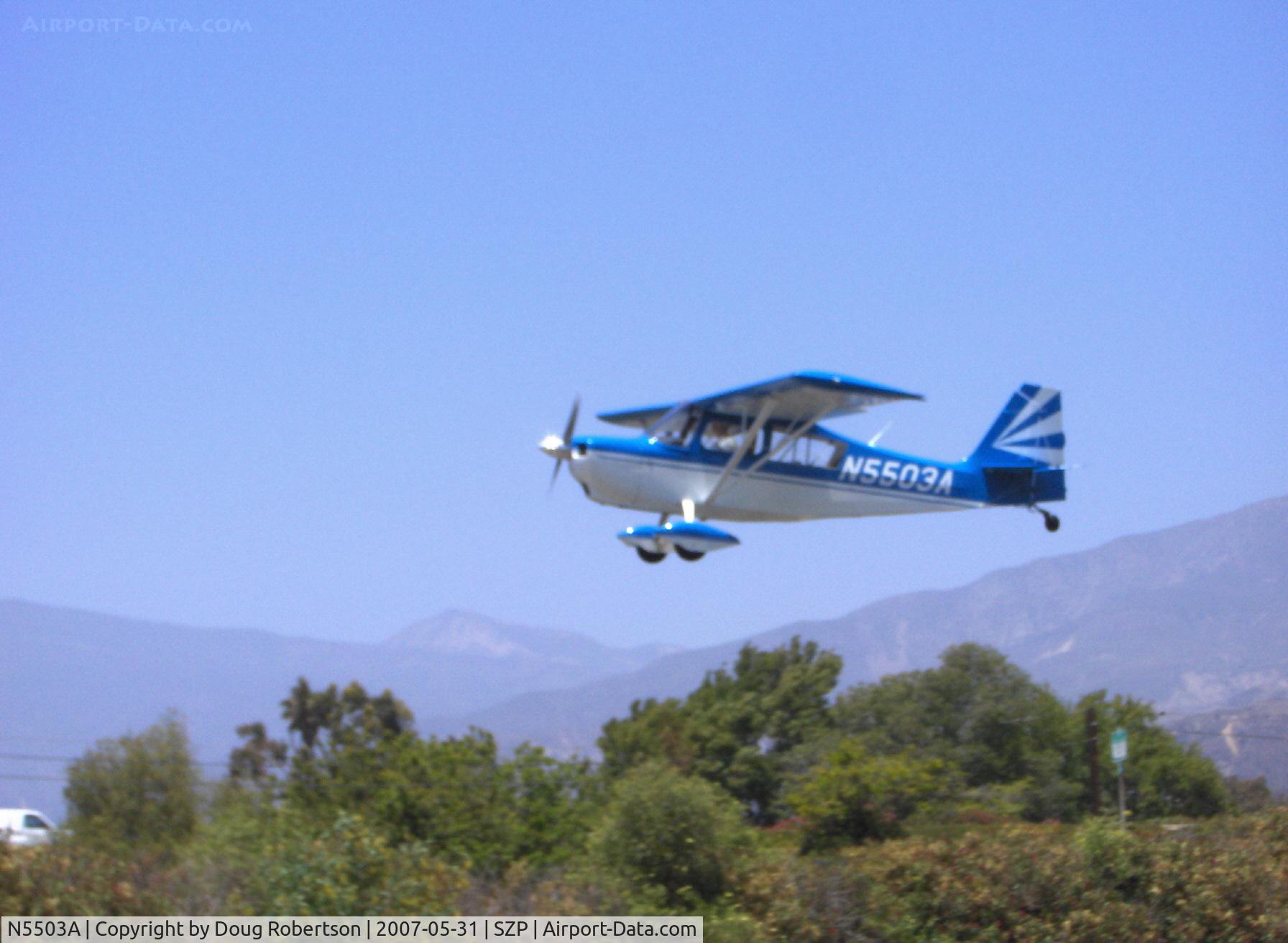 N5503A, 1978 Bellanca 8KCAB Decathlon C/N 411-78, 1978 Bellanca 8KCAB DECATHLON, Lycoming AEIO-320 150 Hp, CS prop, near symmetrical wing airfoil, rated +6g -5g, on short final for landing Rwy 22